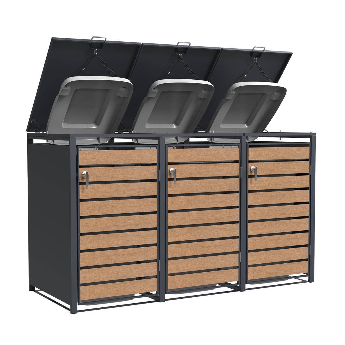 Abri cache-poubelle triple 3 x 240 L anthracite imitation bois acier design - Image 1