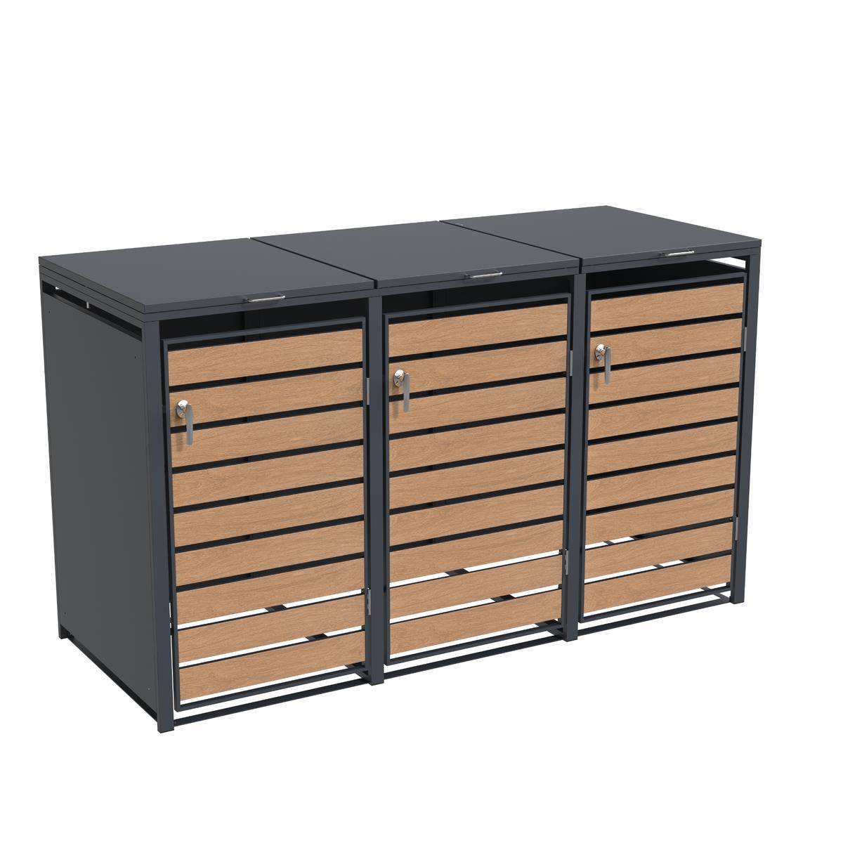 Abri cache-poubelle triple 3 x 240 L anthracite imitation bois acier design - Image 4