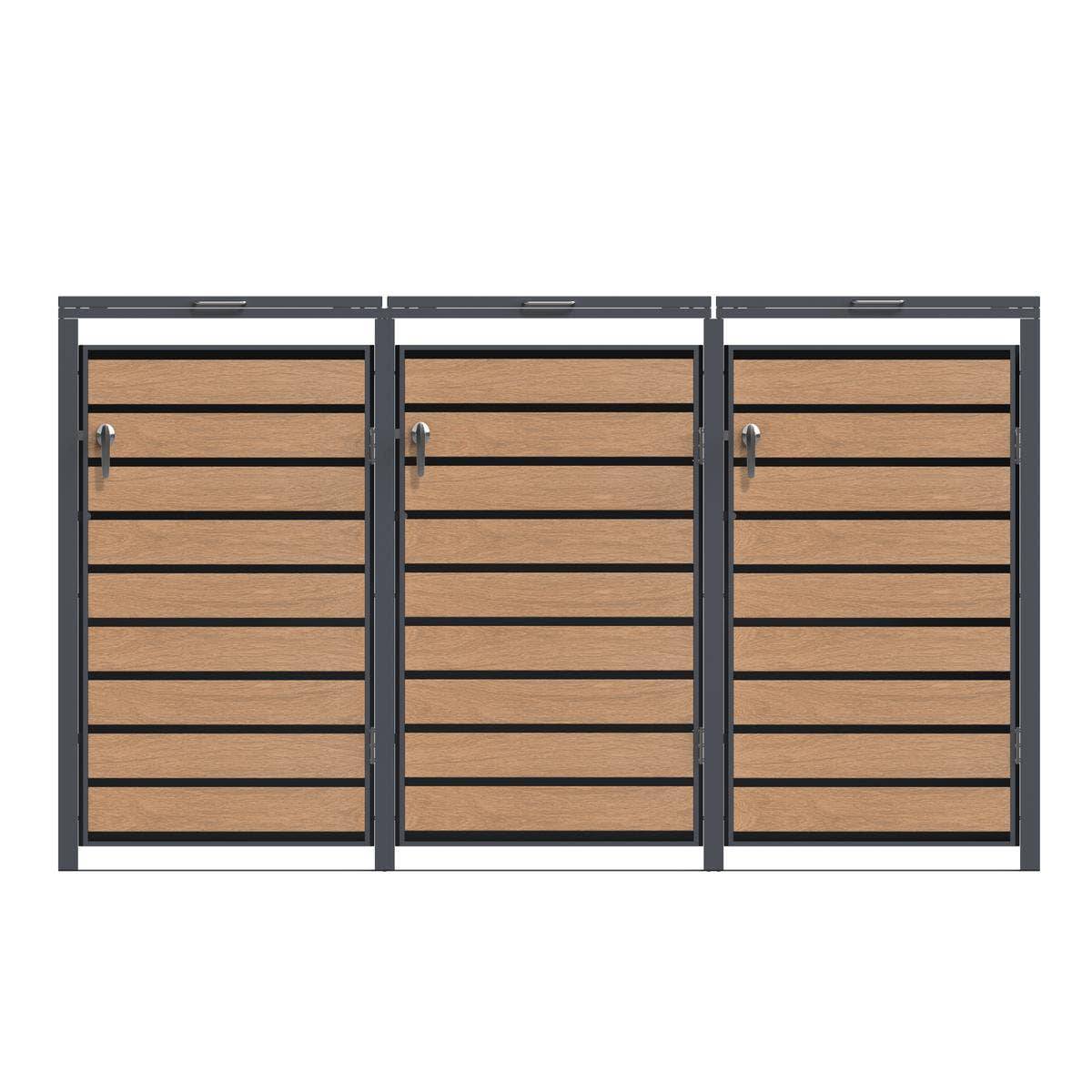 Abri cache-poubelle triple 3 x 240 L anthracite imitation bois acier design - Image 7