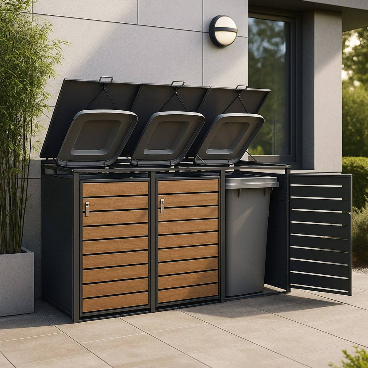 Abri cache-poubelle triple 3 x 240 L anthracite imitation bois acier design - Image 2