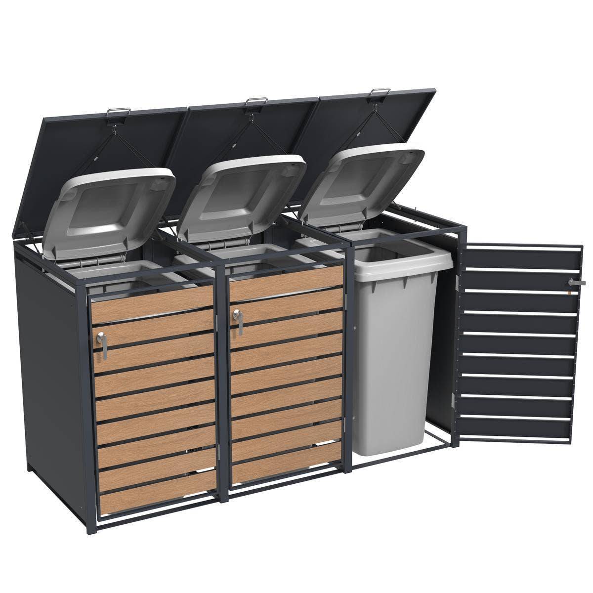 Abri cache-poubelle triple 3 x 240 L anthracite imitation bois acier design - Image 8