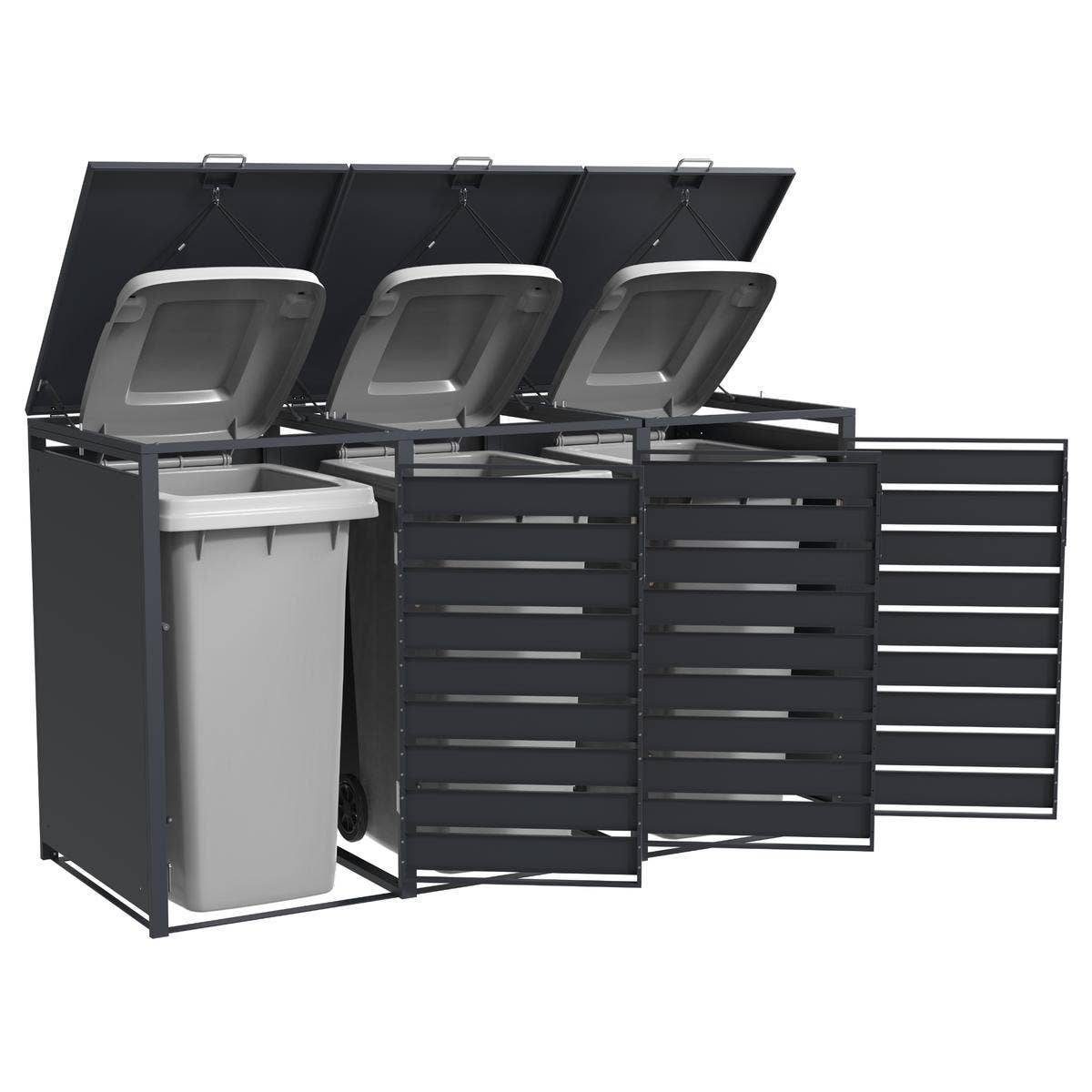 Abri cache-poubelle triple 3 x 240 L anthracite imitation bois acier design - Image 5