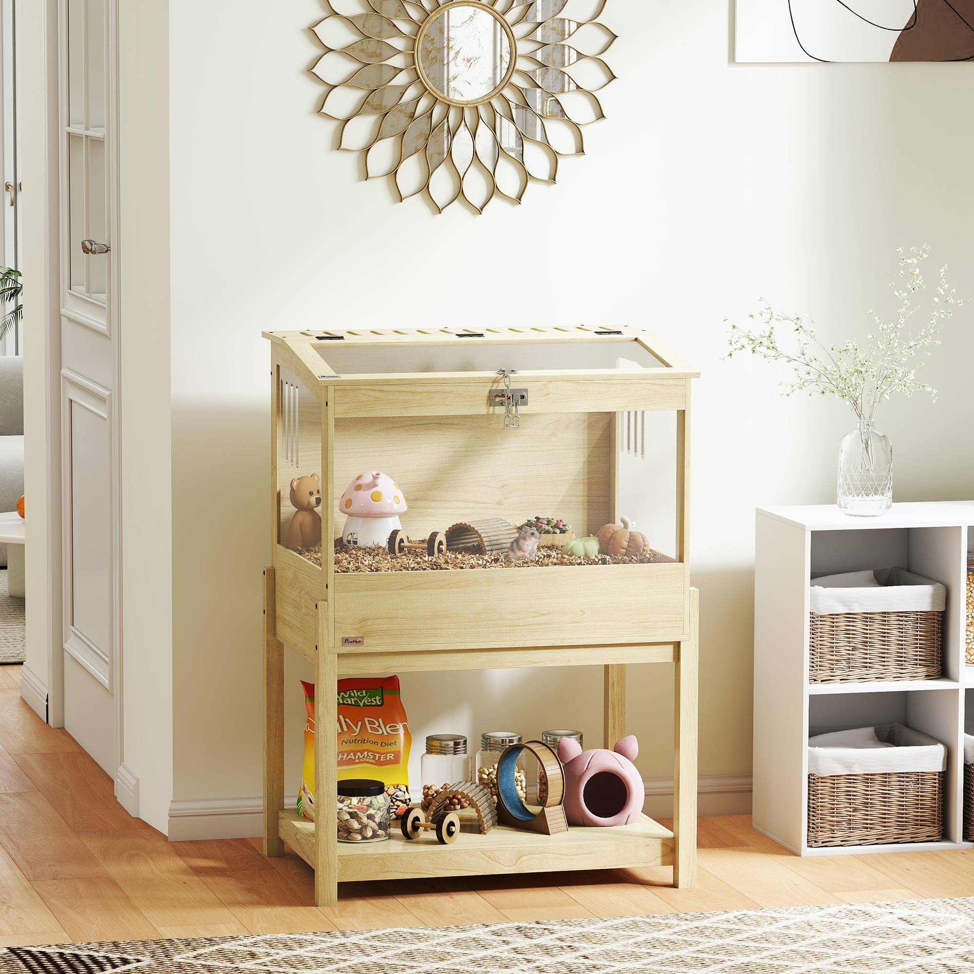 Sans Marque - Cage hamster bois surélevée plateau rangement couvercle ouvrable 83,2x50x103 cm effet bois naturel - Image 4