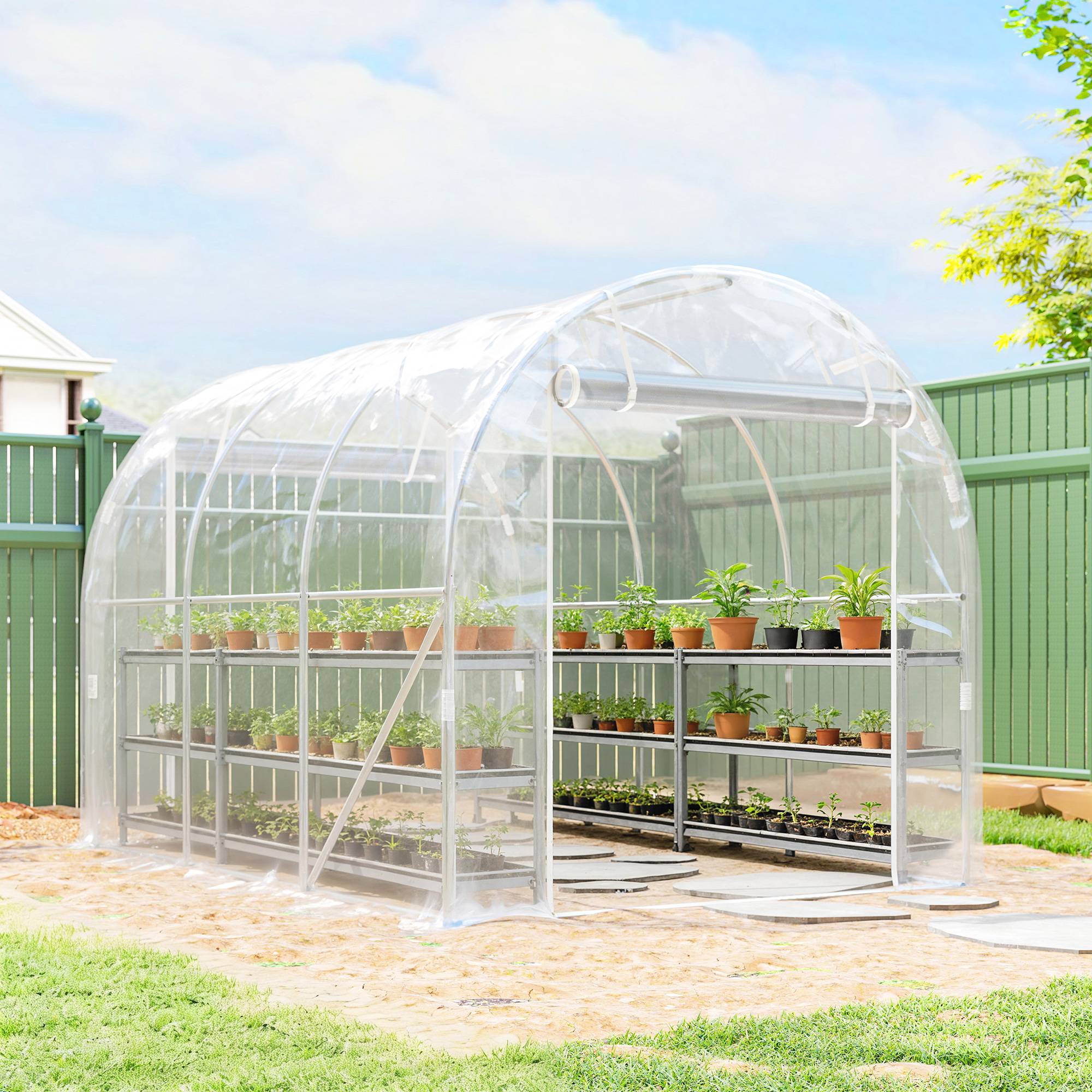 Sans Marque - Serre tunnel de jardin 6m² serre de jardin tunnel 195x295x195cm cadre acier galvanisé, bâche PE 150g/m² transparent - Image 4