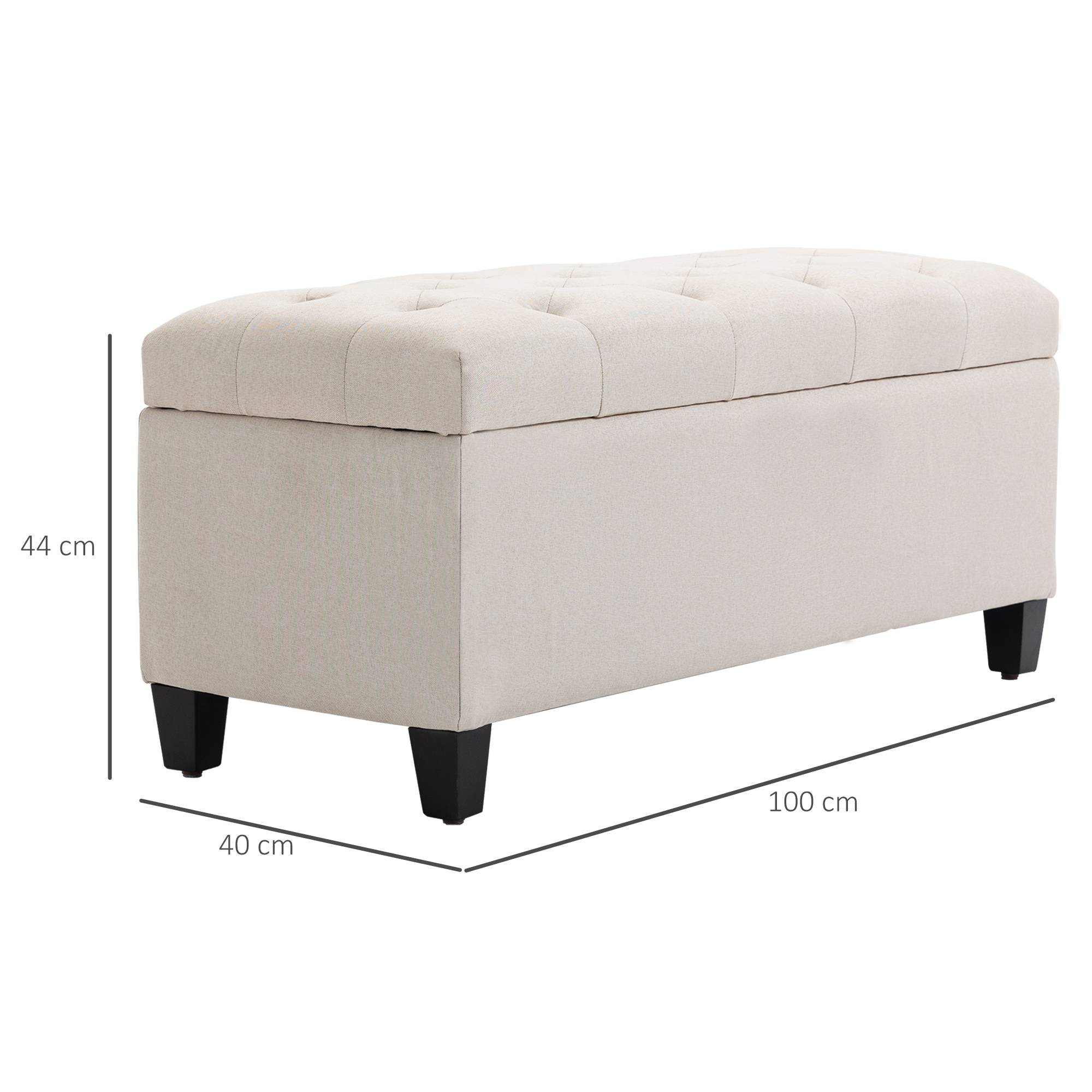 Banc de rangement, banquette capitonnée aspect lin, coffre de rangement avec pieds en bois, banc coffre pour salon,100 x 40 x 44 cm, blanc crème - Image 5