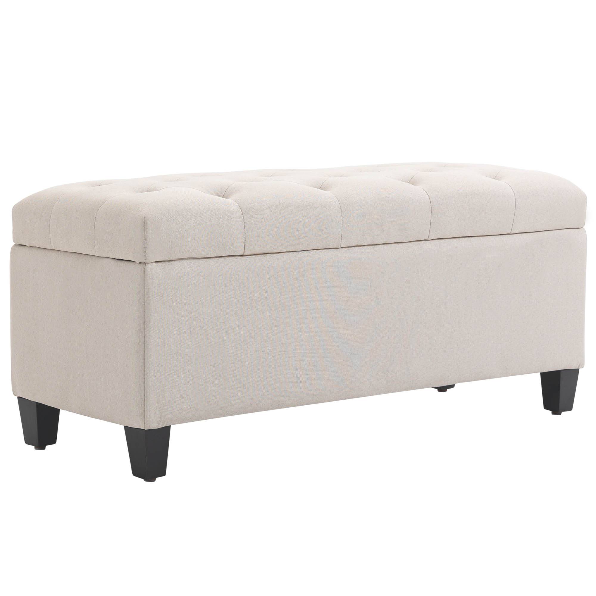 Banc de rangement, banquette capitonnée aspect lin, coffre de rangement avec pieds en bois, banc coffre pour salon,100 x 40 x 44 cm, blanc crème - Image 2