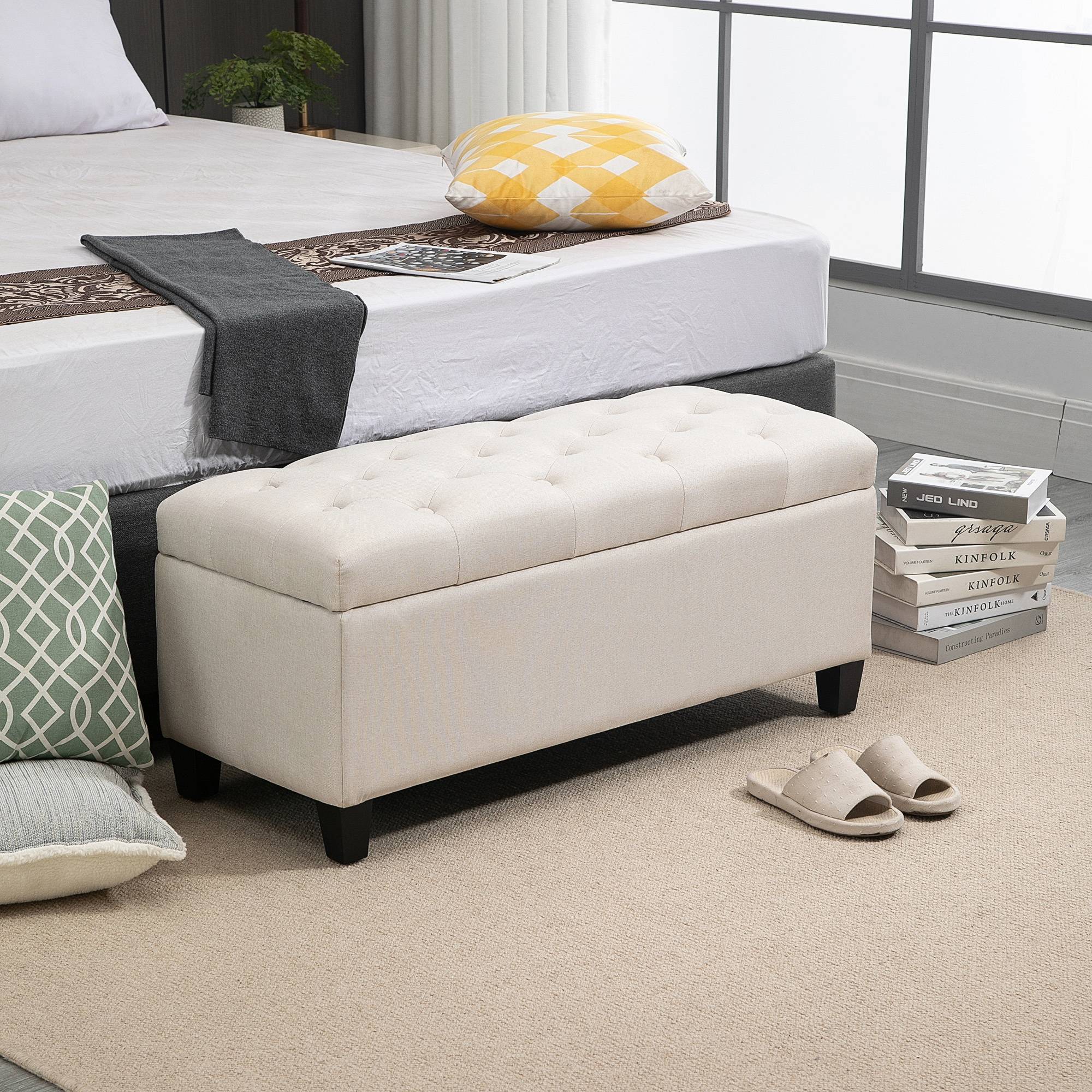 Banc de rangement, banquette capitonnée aspect lin, coffre de rangement avec pieds en bois, banc coffre pour salon,100 x 40 x 44 cm, blanc crème - Image 3