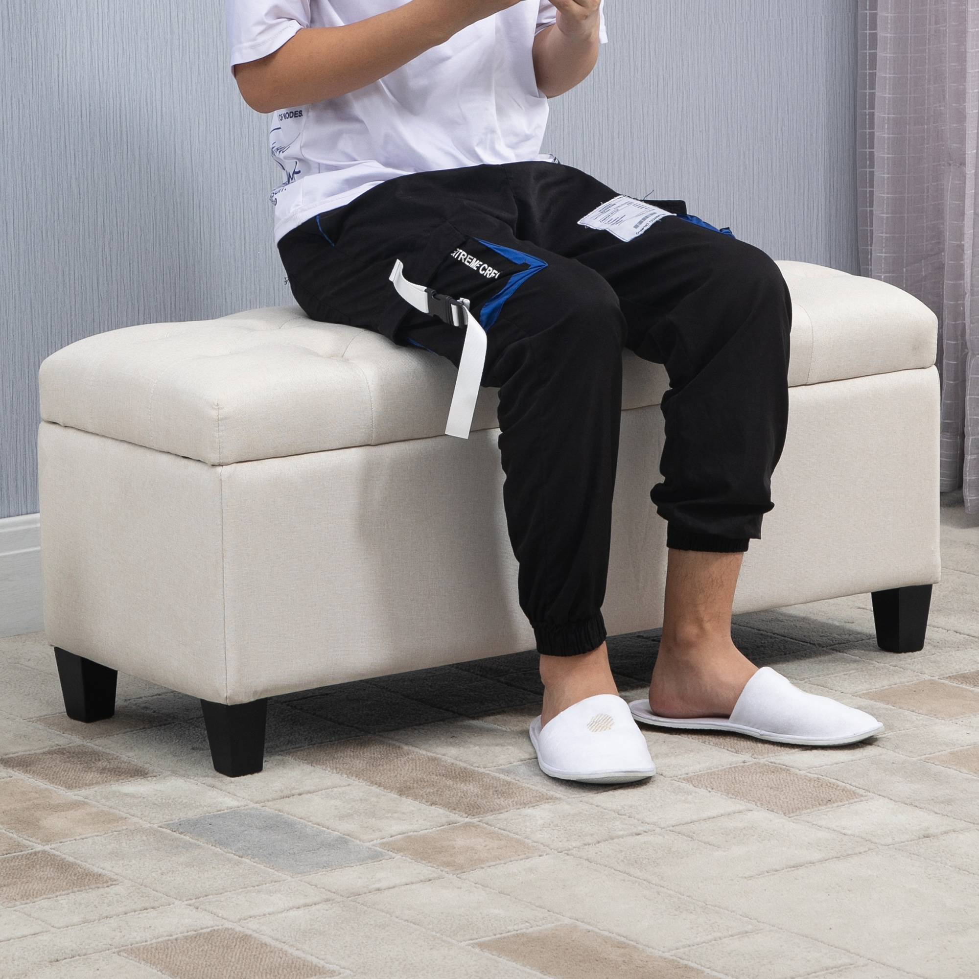Banc de rangement, banquette capitonnée aspect lin, coffre de rangement avec pieds en bois, banc coffre pour salon,100 x 40 x 44 cm, blanc crème - Image 4