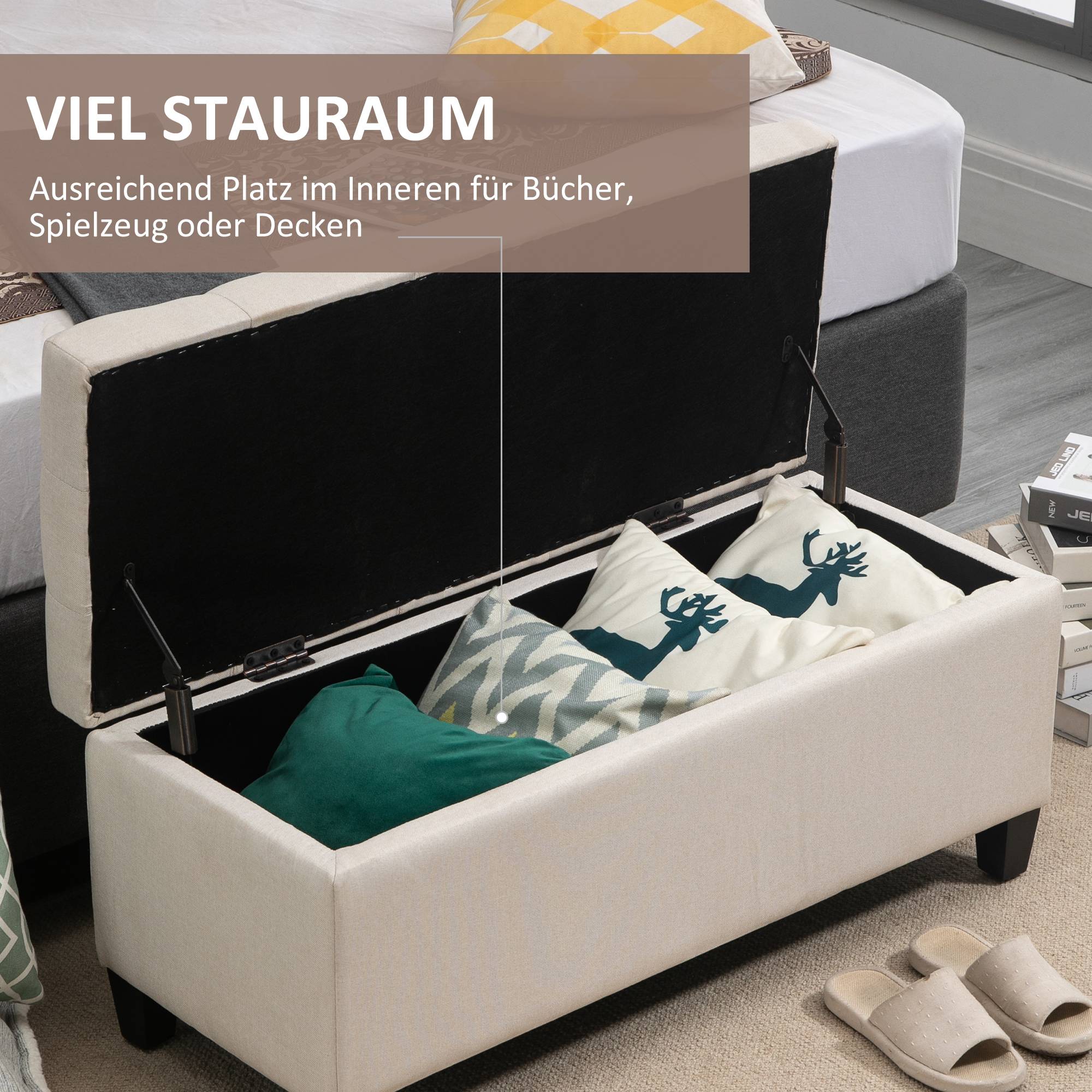 Banc de rangement, banquette capitonnée aspect lin, coffre de rangement avec pieds en bois, banc coffre pour salon,100 x 40 x 44 cm, blanc crème - Image 6
