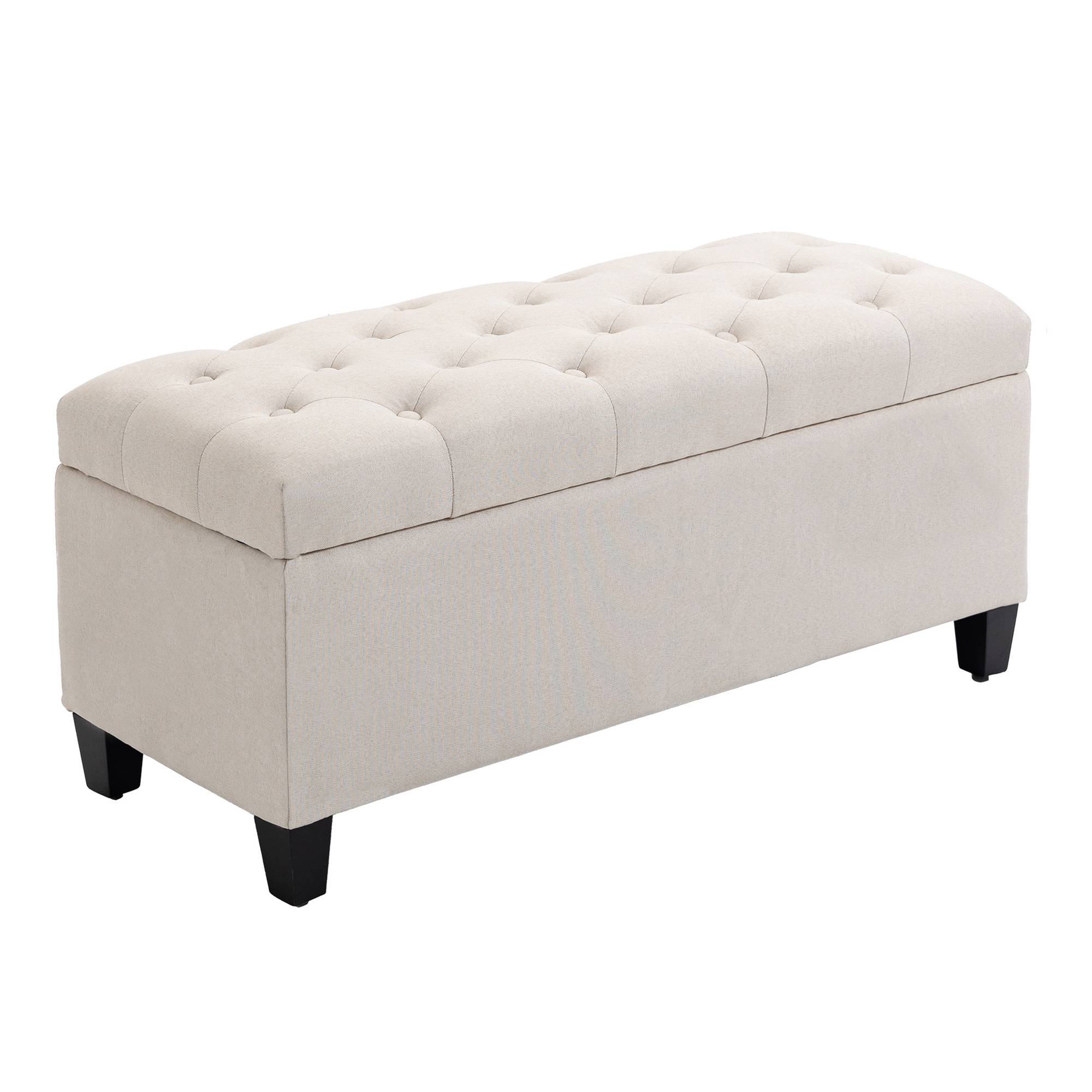 Banc de rangement, banquette capitonnée aspect lin, coffre de rangement avec pieds en bois, banc coffre pour salon,100 x 40 x 44 cm, blanc crème - Image 1