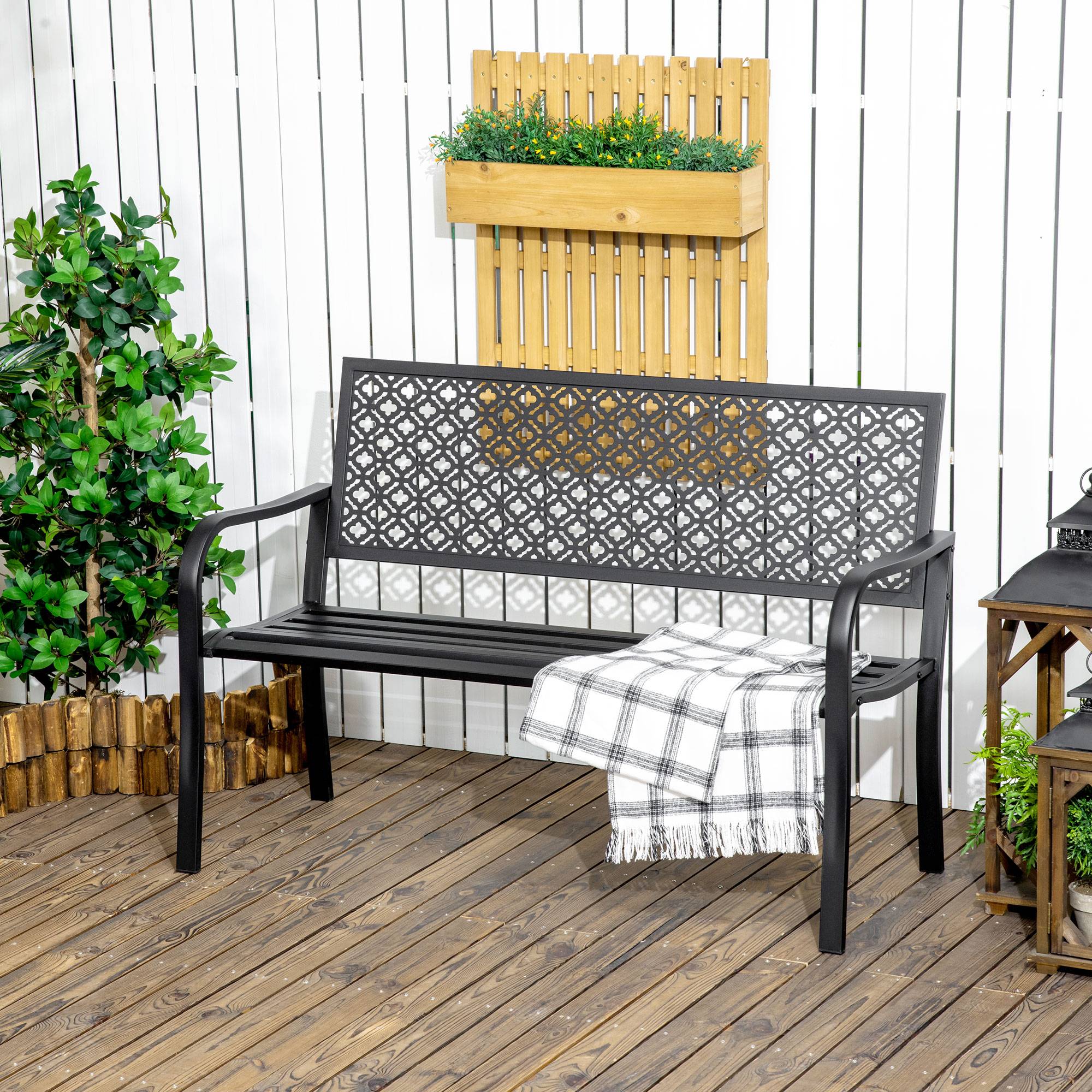 Banc de jardin en métal, 2 places, motif floral, résistant aux intempéries, 127 x 63 x 83 cm, noir - Image 4