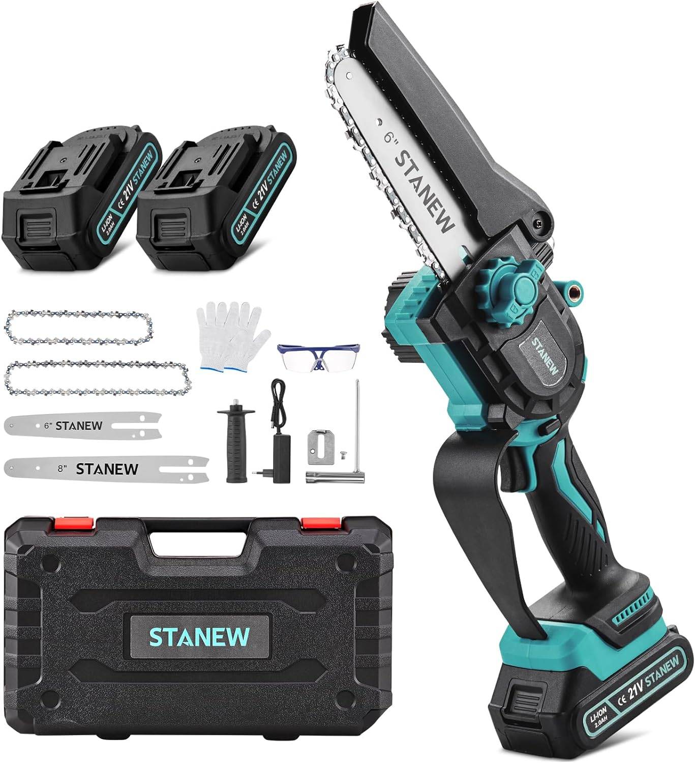 STANEW Mini Brushless Tronçonneuse Électrique sans Fil 21V, 6"ou 8", 2x2A Batterie