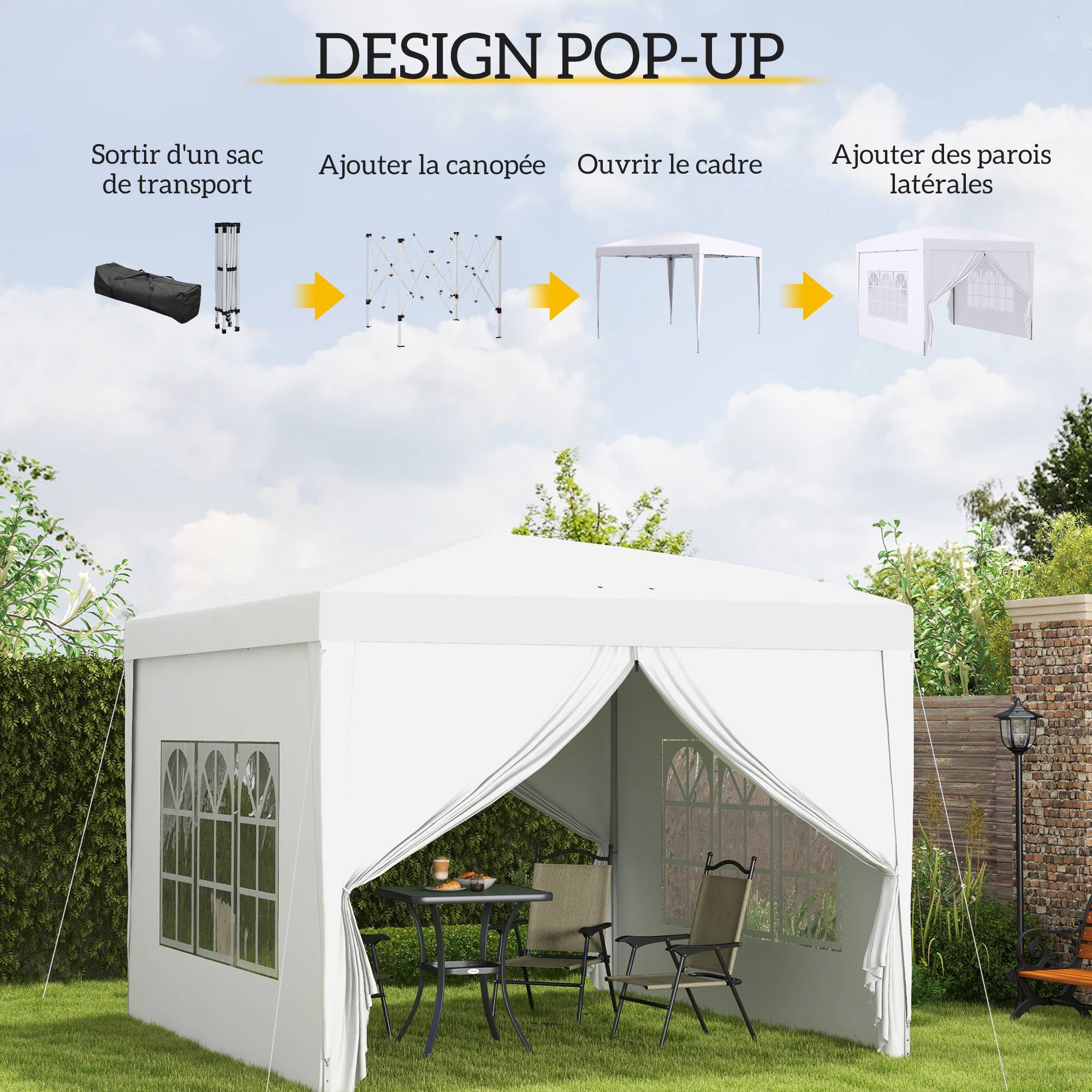 Outsunny - Tonnelle jardin pliante 3x3m barnum 4 parois amovibles avec sac de transport blanc - Outsunny - Image 4
