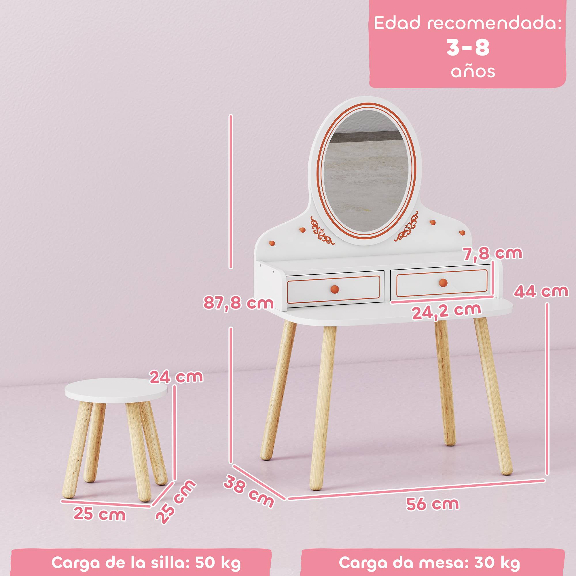 Sans Marque - Coiffeuse pour fille, avec tabouret, miroir, 2 tiroirs et penderie, 3 à 8 ans, blanche - Image 5