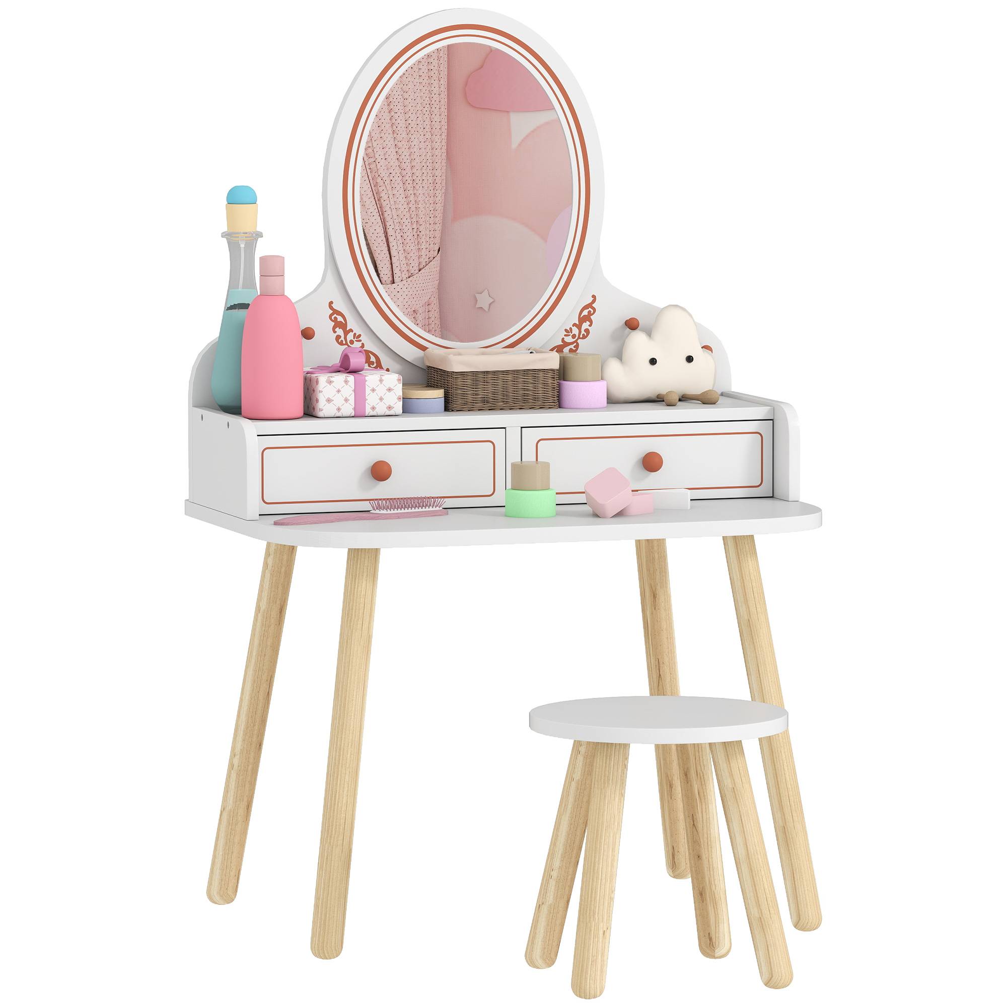Sans Marque - Coiffeuse pour fille, avec tabouret, miroir, 2 tiroirs et penderie, 3 à 8 ans, blanche - Image 1