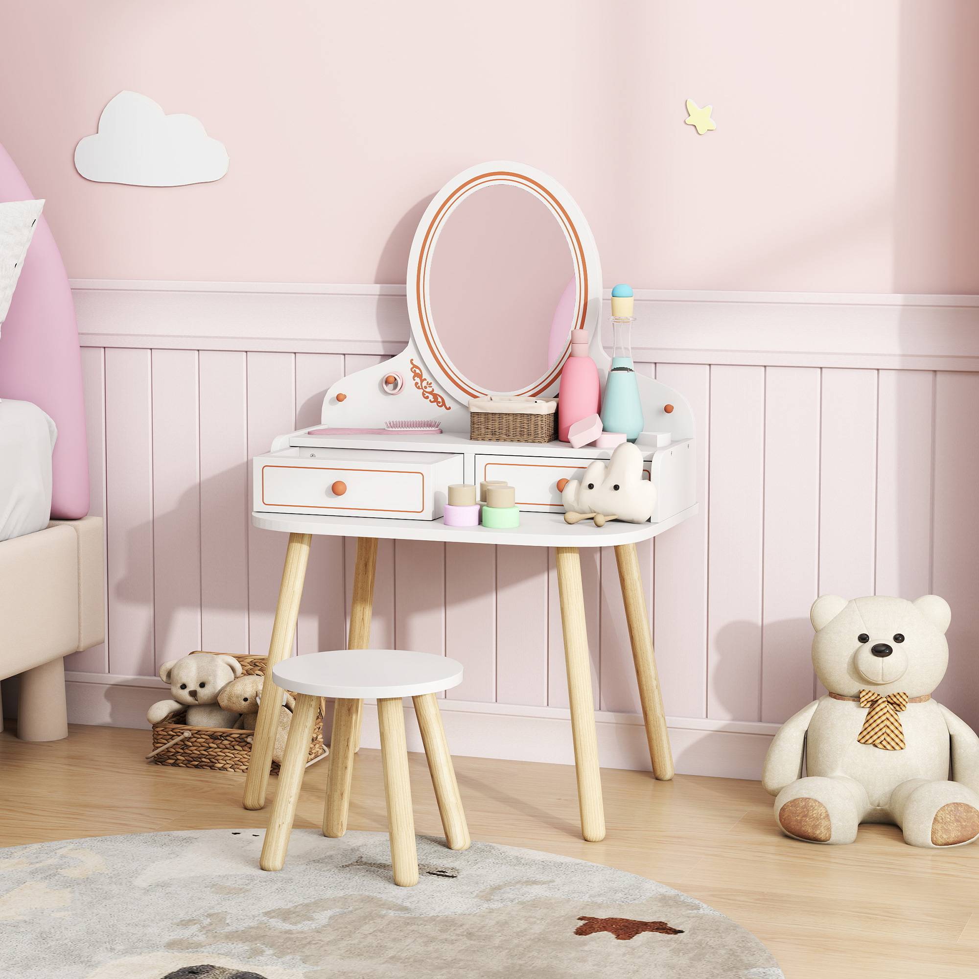 Sans Marque - Coiffeuse pour fille, avec tabouret, miroir, 2 tiroirs et penderie, 3 à 8 ans, blanche - Image 4
