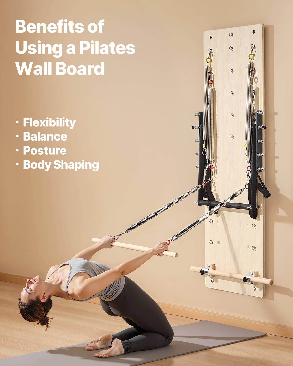 Vevor - Reformer Pilates mural en érable, planche à ressorts réglables 8 niveaux, équipement compact pour entraînement, yoga, force et équilibre à domicile. - Image 2