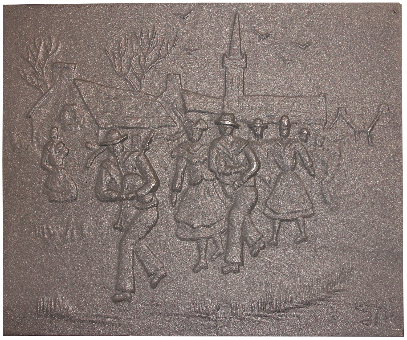 Plaque de cheminée danses folkloriques Dommartin grise L.63cm x H.53cm - Image 1