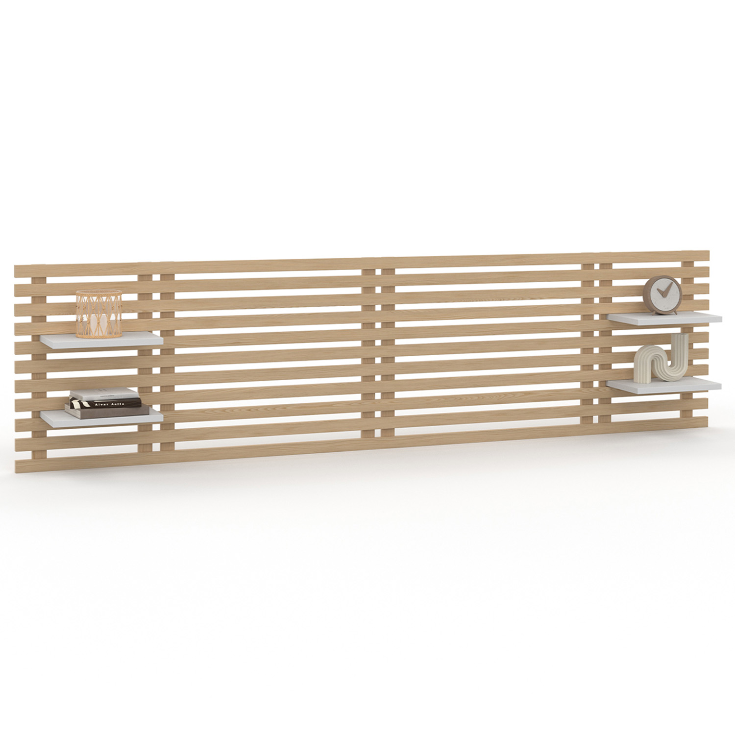 Tête de lit suspendue en lattes AVA 240 cm bois clair et étagères blanches - Image 2