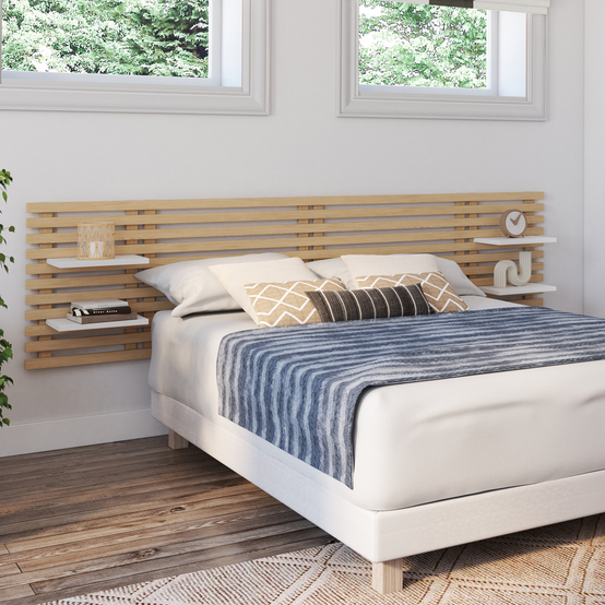 Tête de lit suspendue en lattes AVA 240 cm bois clair et étagères blanches - Image 1