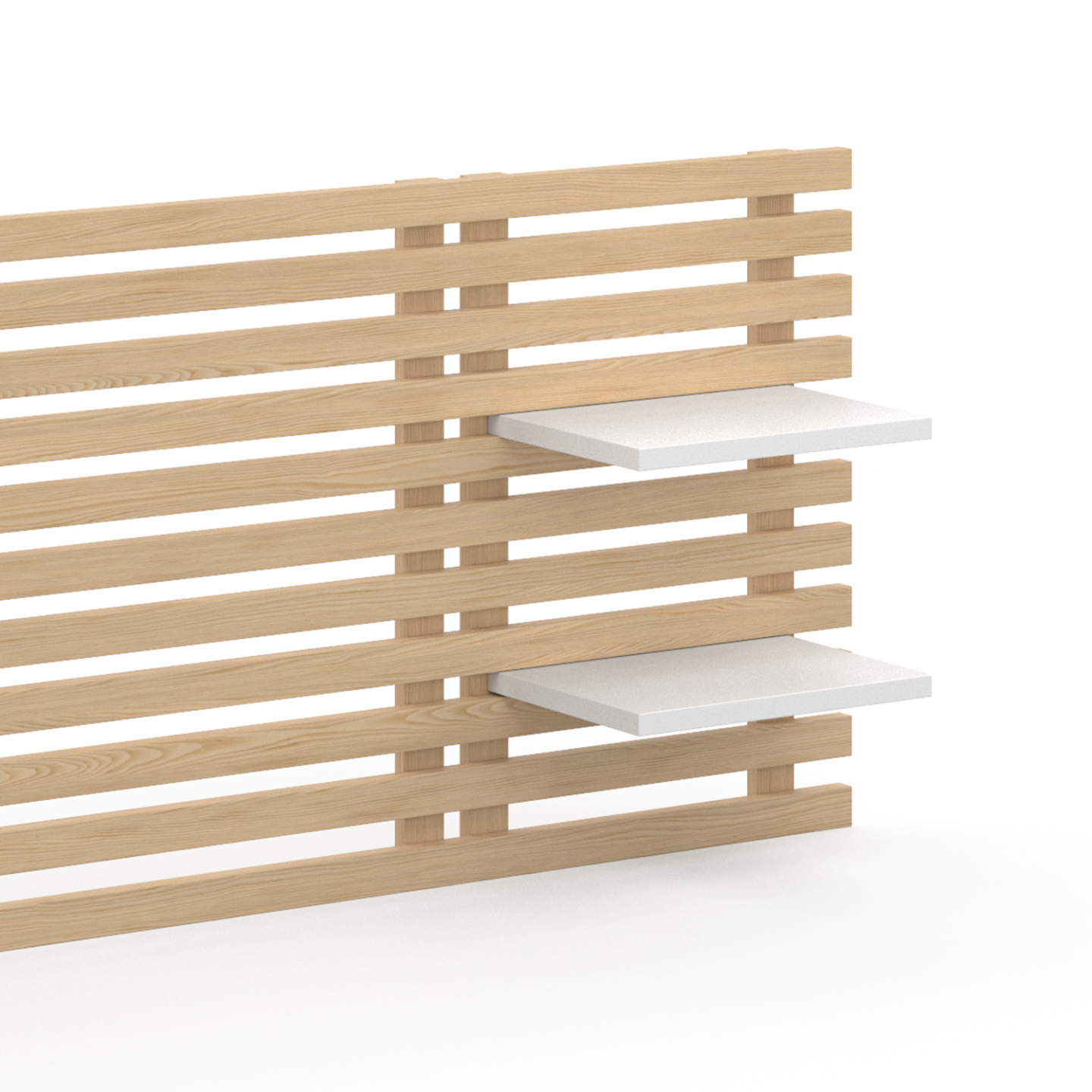 Tête de lit suspendue en lattes AVA 240 cm bois clair et étagères blanches - Image 5