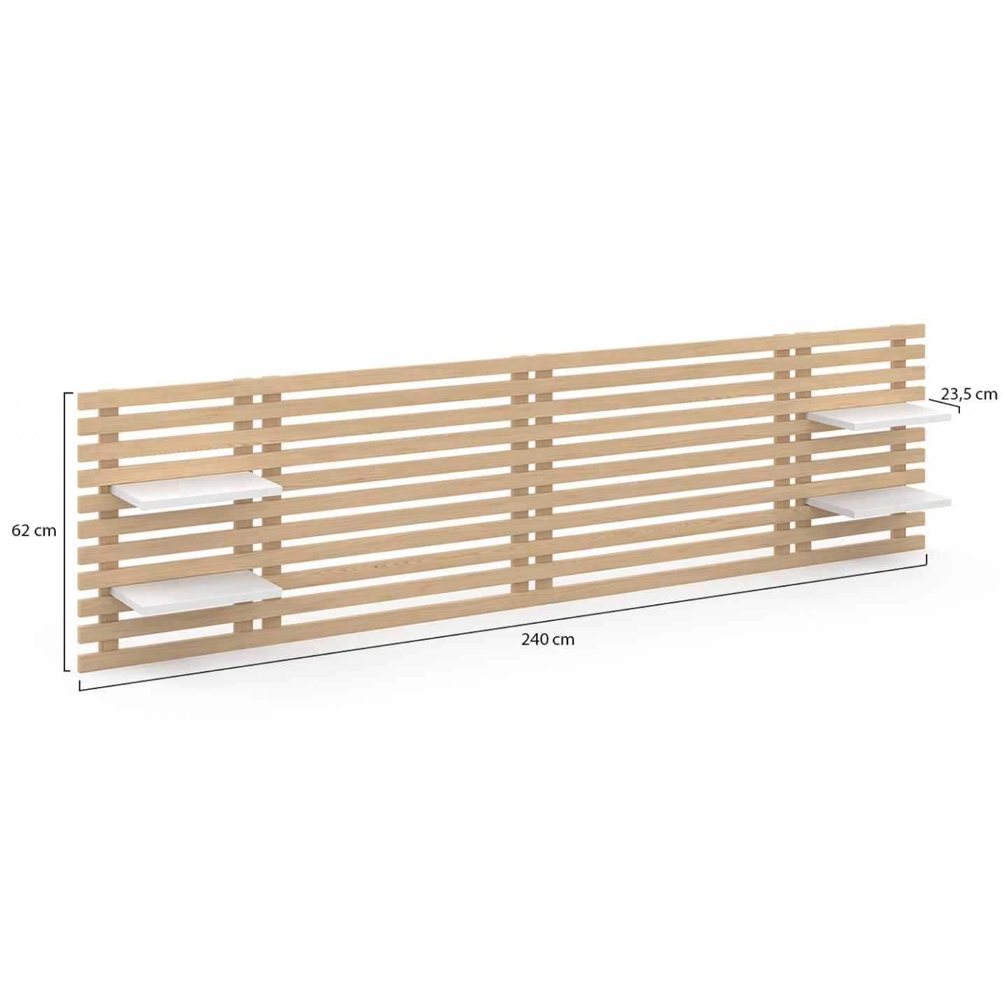Tête de lit suspendue en lattes AVA 240 cm bois clair et étagères blanches - Image 4