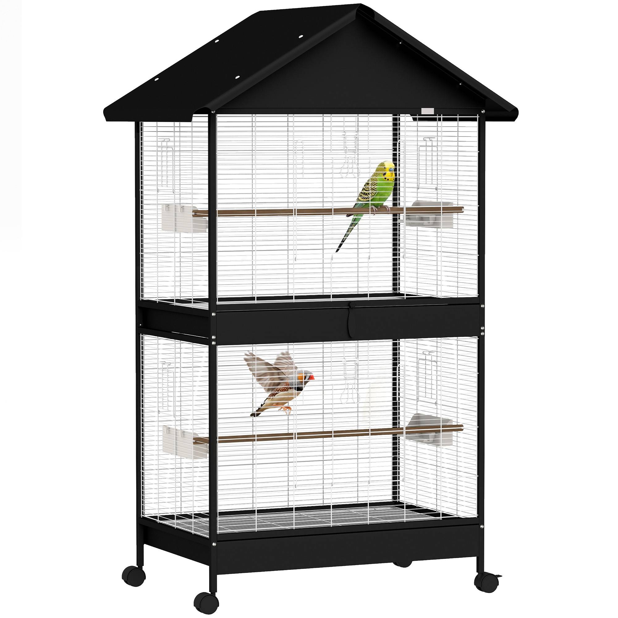 Grande cage pour oiseaux avec roues, bac amovible, perchoirs, toit, perroquets, canaris, noir - Image 1