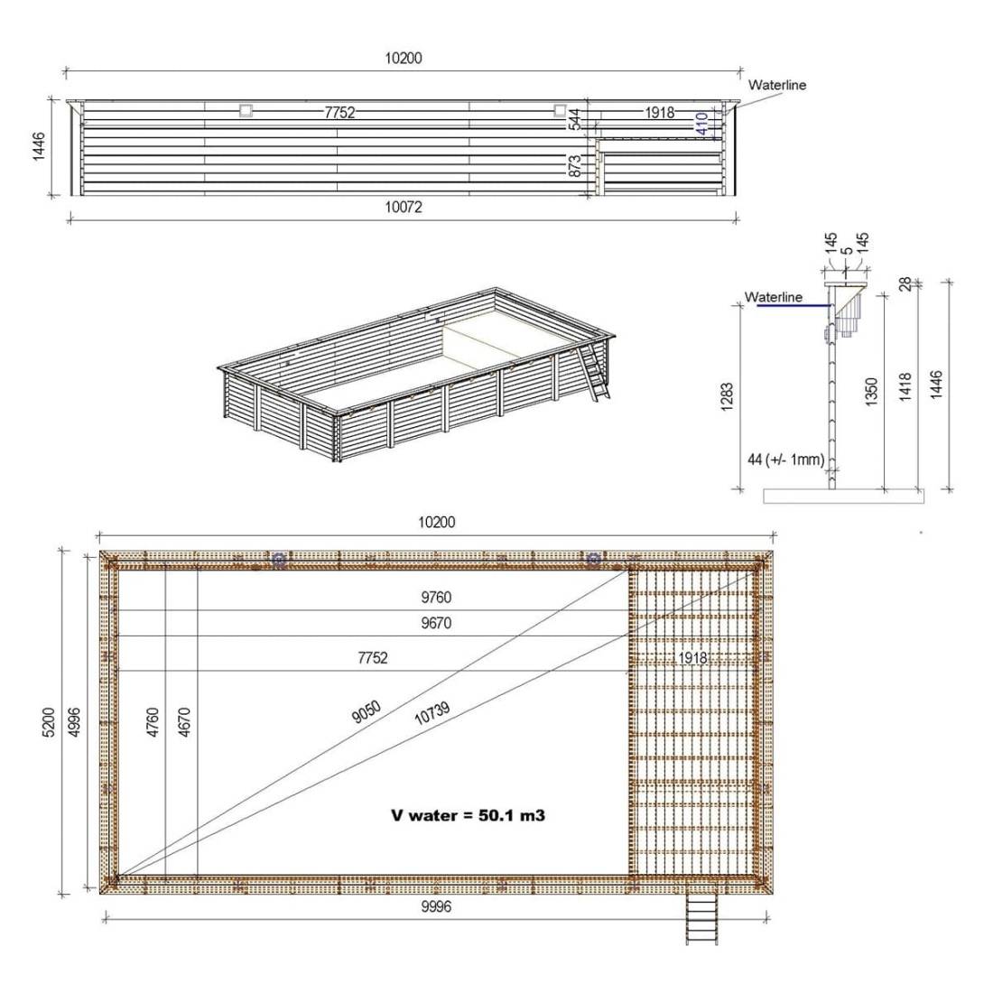 Altanka - Piscine hors sol en bois AQUA 10.2 x 5.2 - H.1.45 m avec plage, gris clair, cadre en métal - sans dalle - BAS7310OSPU2+PLA310 - ALTANKA - Image 4