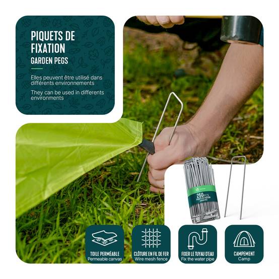 Vounot - Lot de 250 piquets de fixation en métal galvanisé - Agrafes de jardin en forme de U - 150x30mm Ø3mm - VOUNOT® - Image 5
