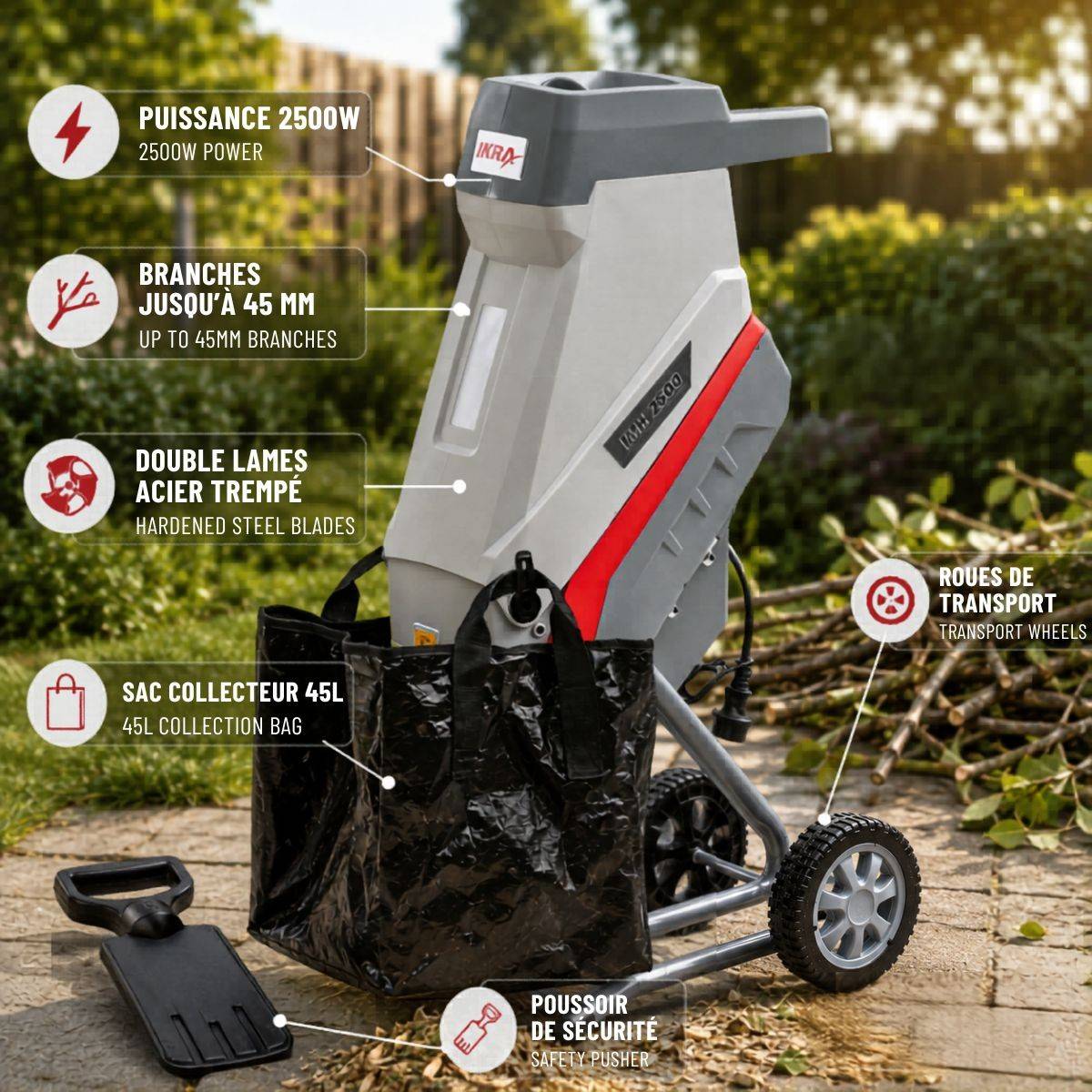 Broyeur de végétaux électrique 2500W Sac 45L 2 Lames acier trempé Branches jusqu'à 45mm IKRA - Image 4