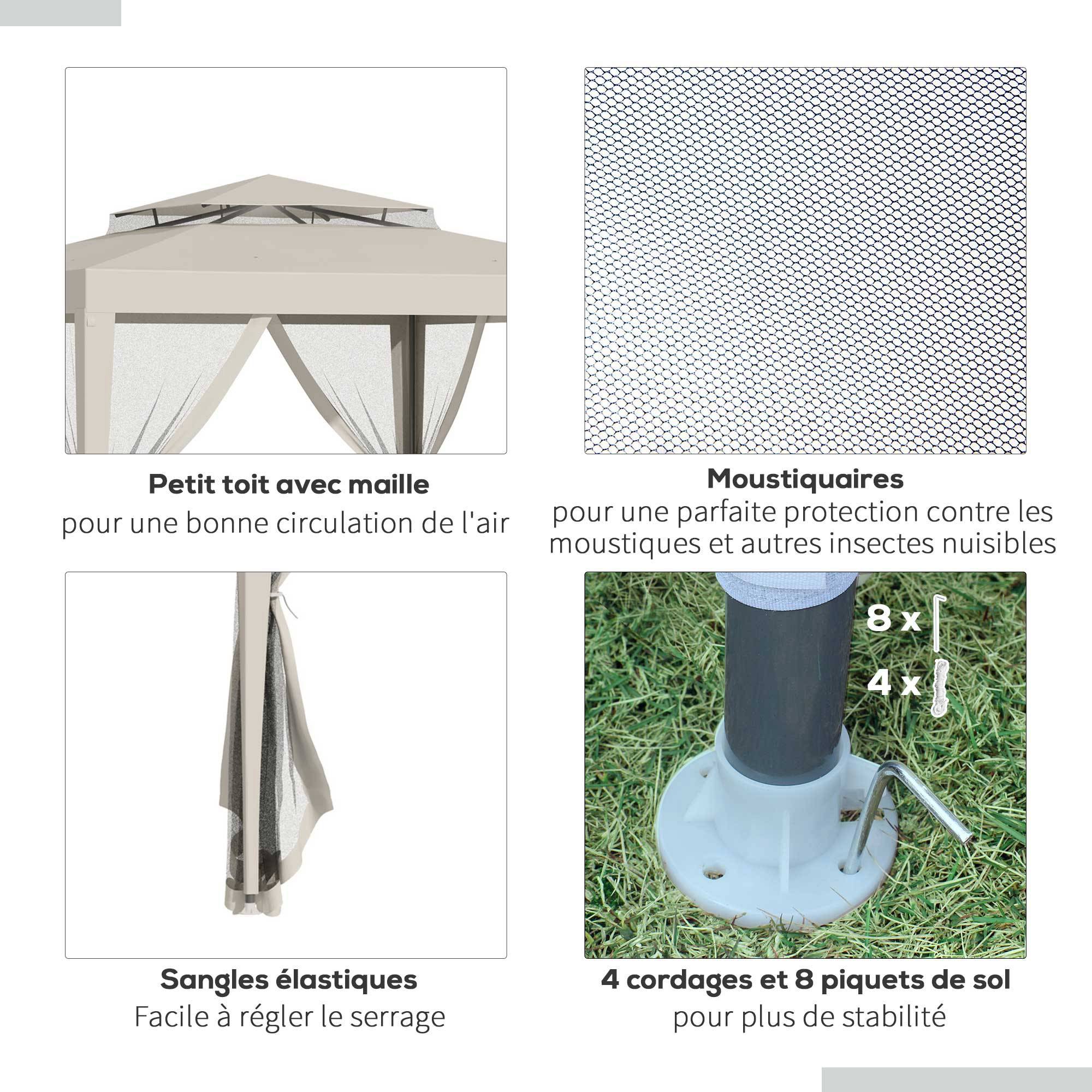 Outsunny - Tonnelle barnum de jardin 3x3m avec 4 moustiquaires amovibles double toit beige - Outsunny - Image 6