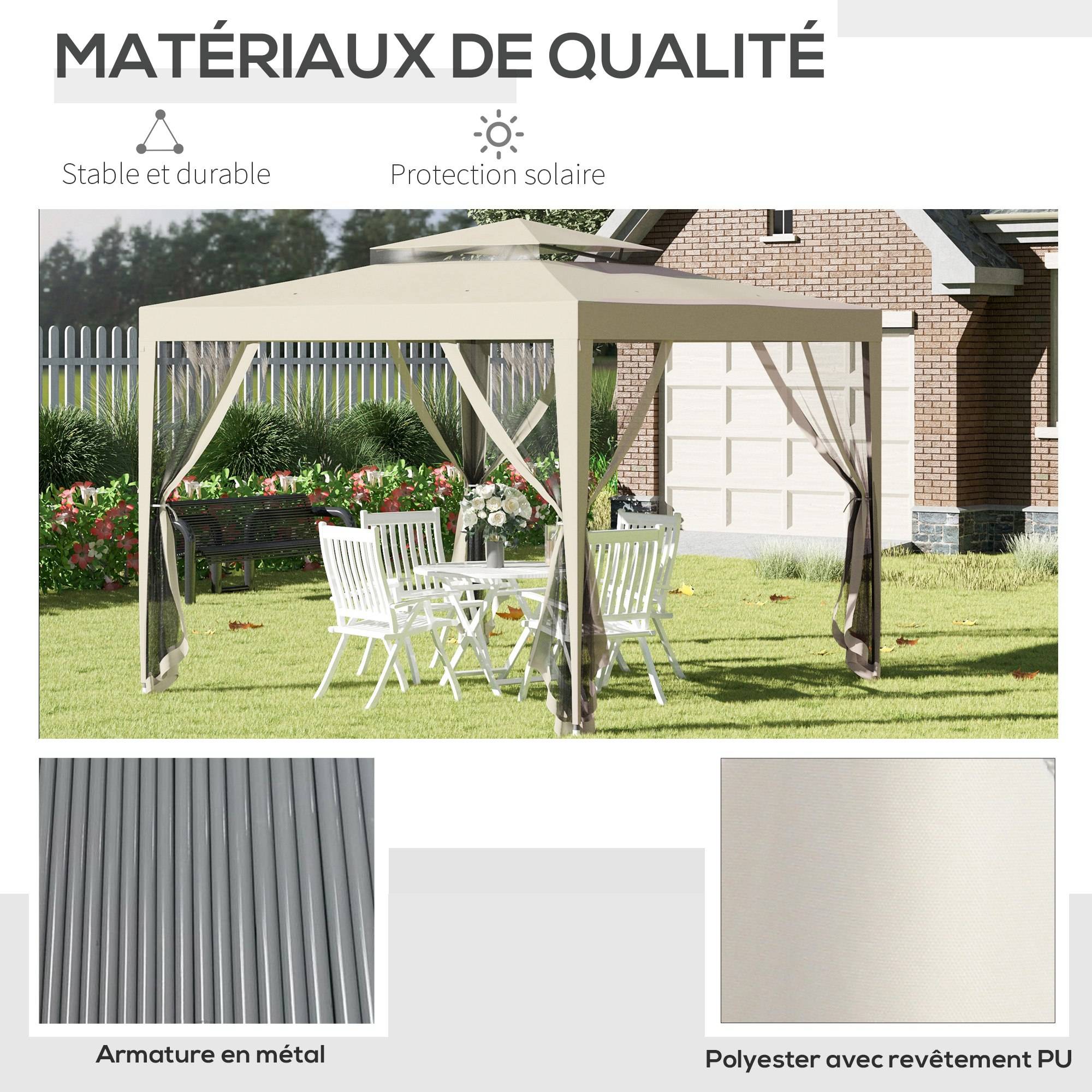 Outsunny - Tonnelle barnum de jardin 3x3m avec 4 moustiquaires amovibles double toit beige - Outsunny - Image 5