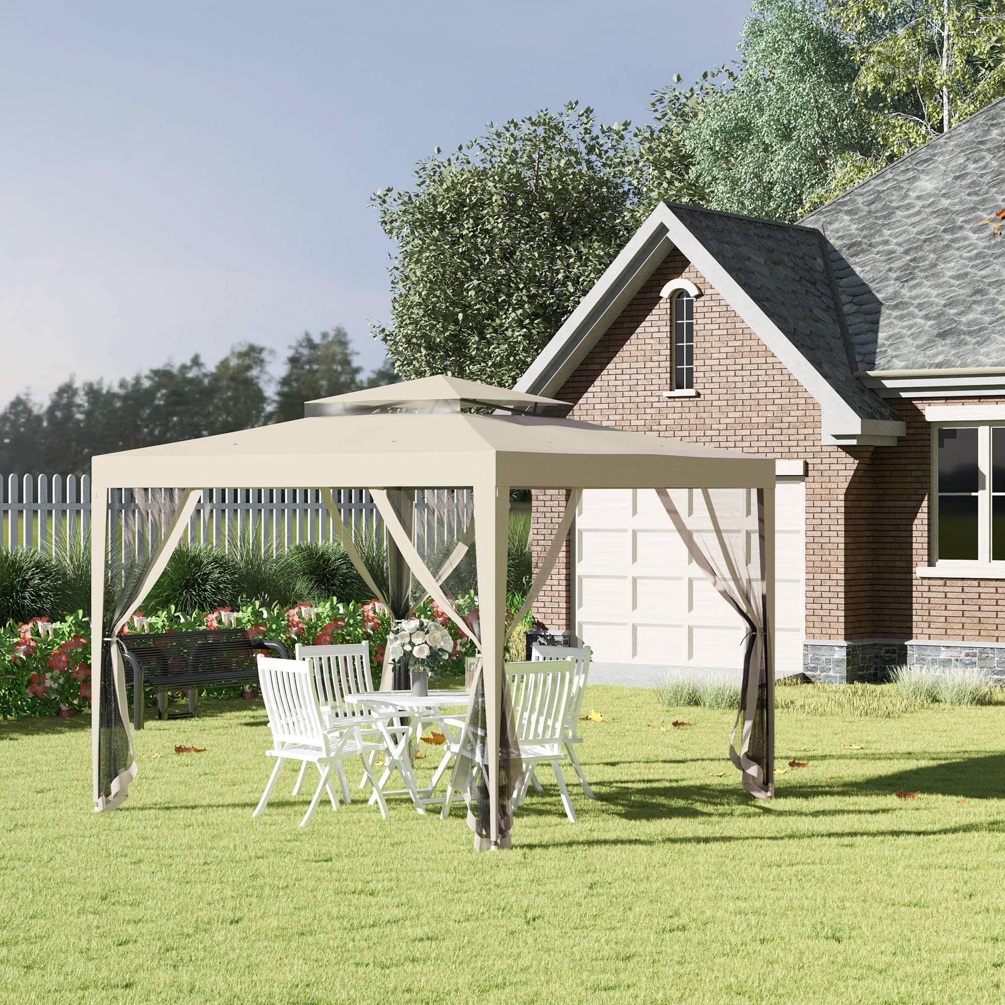 Outsunny - Tonnelle barnum de jardin 3x3m avec 4 moustiquaires amovibles double toit beige - Outsunny - Image 2