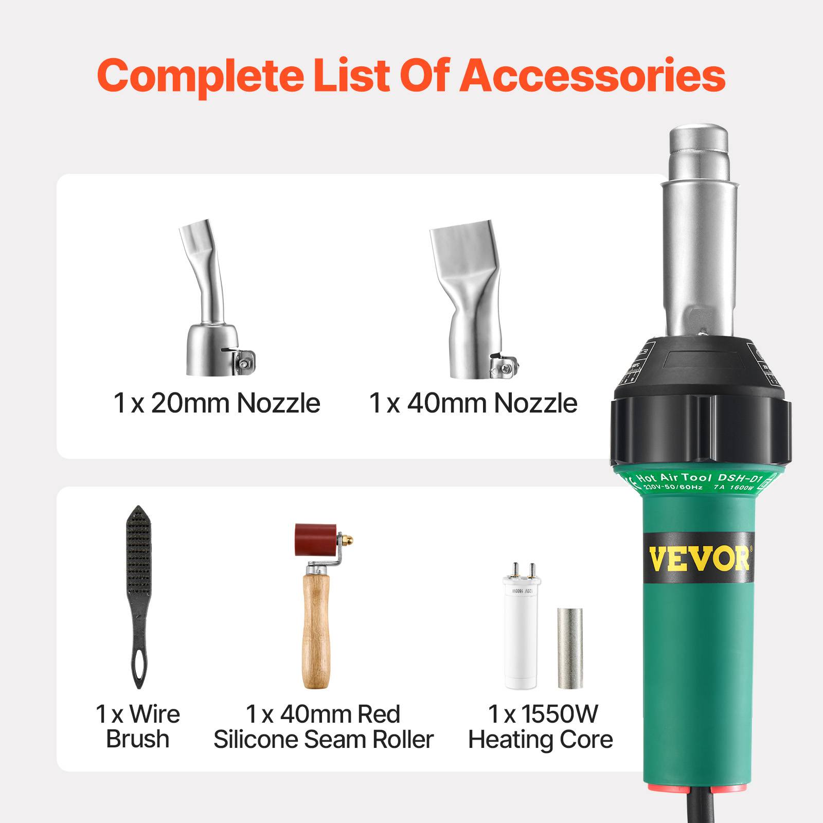 Vevor - VEVOR Soudeur plastique air chaud 1600W, 50-600°C, avec buses, pour films PP, PE, PVC. - Image 6