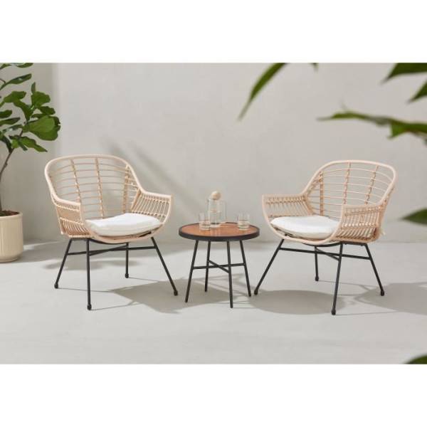 MARKET24 - Salon de jardin SUMATRA : table basse + 2 fauteuils - Résine tressée écrue - Image 1