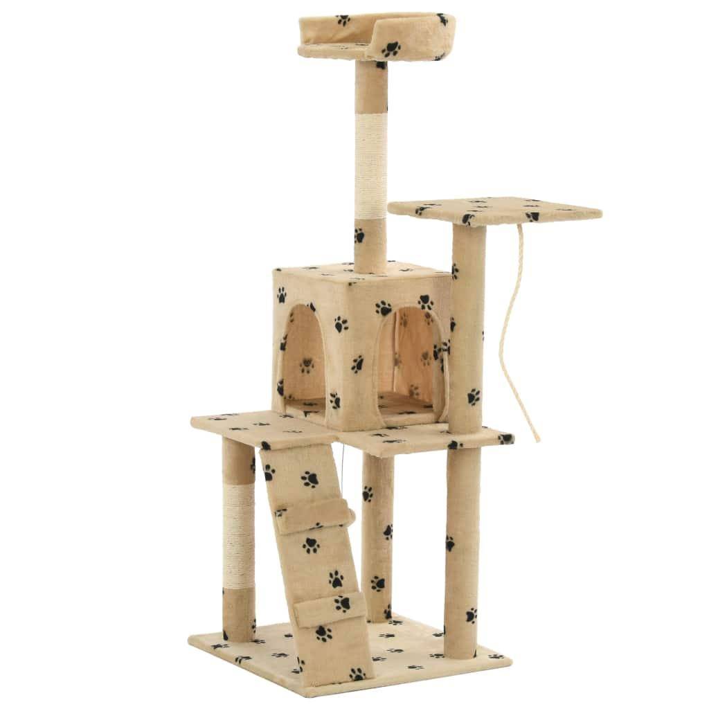 Arbre à chat griffoir grattoir niche jouet animaux peluché en sisal 120 cm beige motif pattes - Image 4