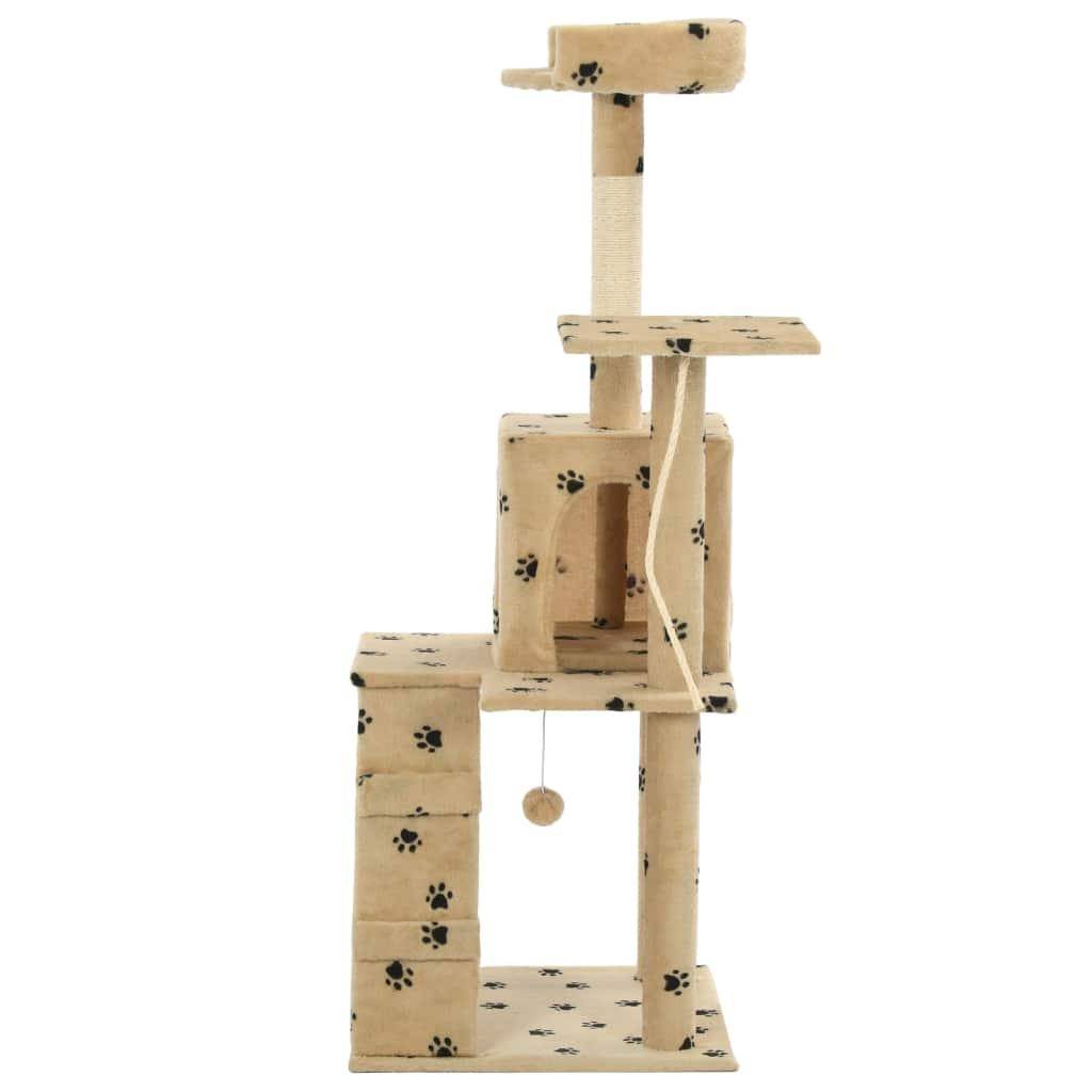 Arbre à chat griffoir grattoir niche jouet animaux peluché en sisal 120 cm beige motif pattes - Image 3