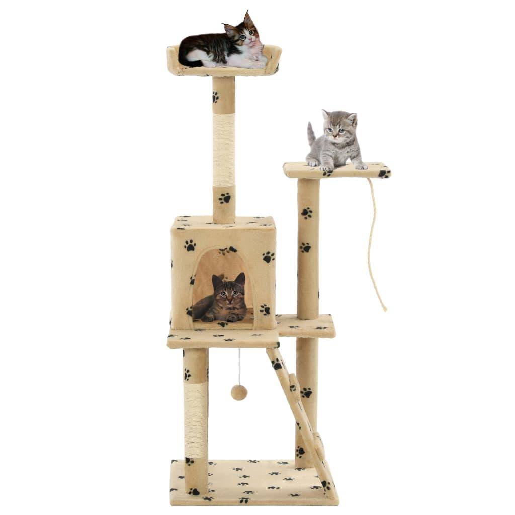 Arbre à chat griffoir grattoir niche jouet animaux peluché en sisal 120 cm beige motif pattes - Image 1