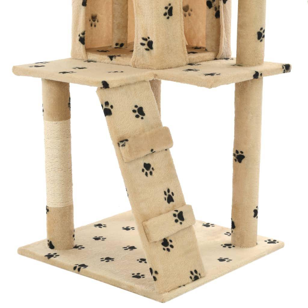 Arbre à chat griffoir grattoir niche jouet animaux peluché en sisal 120 cm beige motif pattes - Image 7