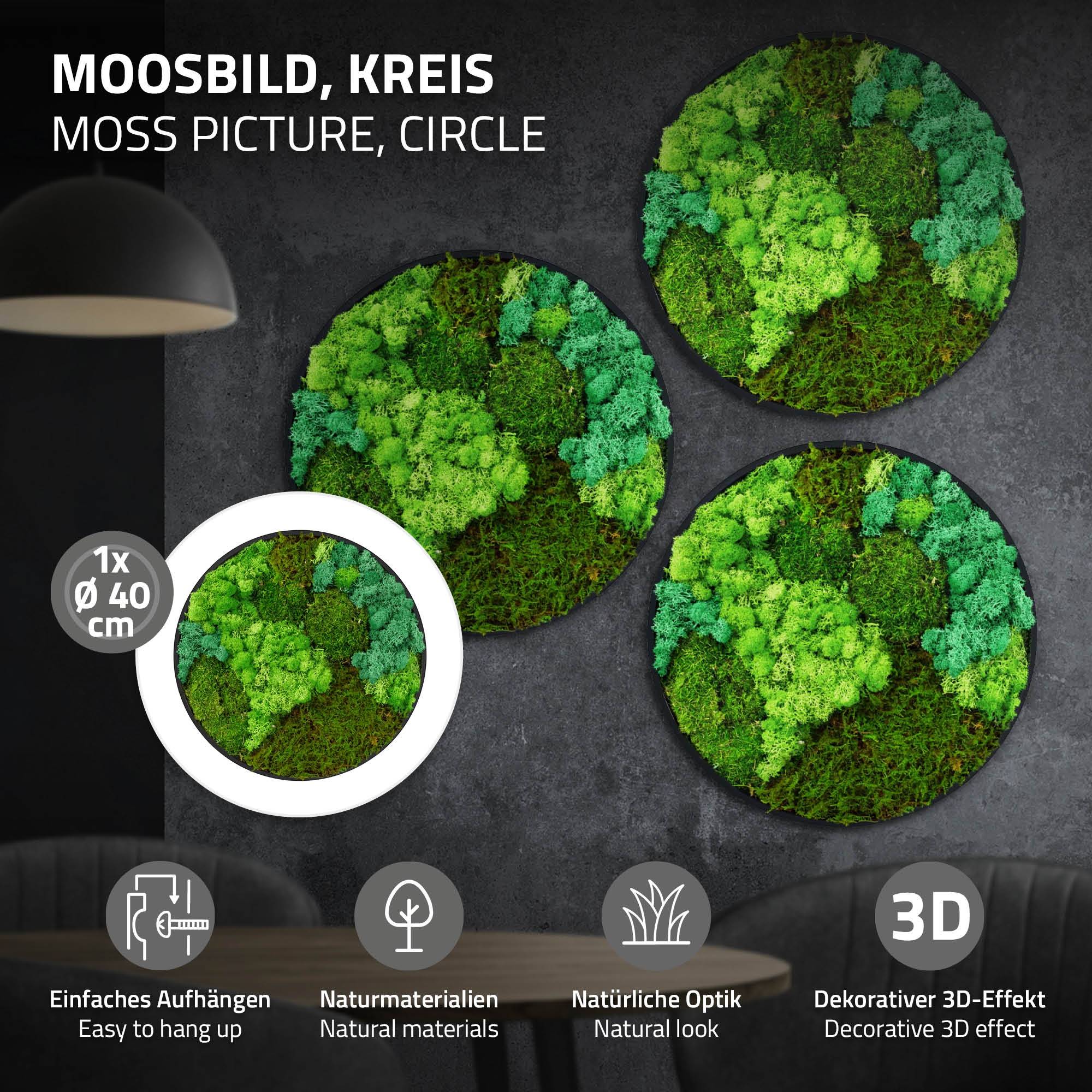 Ecd-Germany - Tableau végétal mural, mélange de mousses stabilisées, cadre en MDF rond Ø 40 cm, vert, décoration d'intérieur effet 3D, sans entretien, pièce unique - Image 2