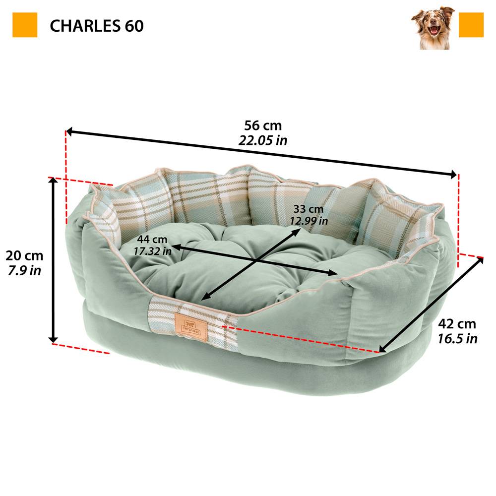 Ferplast - Ferplast couchage rembourré pour chats et chiens CHARLES 60, divan avec coussin, sofa pour animaux, écossais, velours doux, lavable, 56x42x20, marron - Image 2