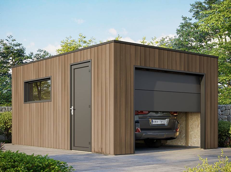 Garage Composite SILVERSTONE - Bardage Couleur Teck / Teak - Surface : 20m2 - Porte Sectionnelle Motorisée - 2 télécommandes - Image 1