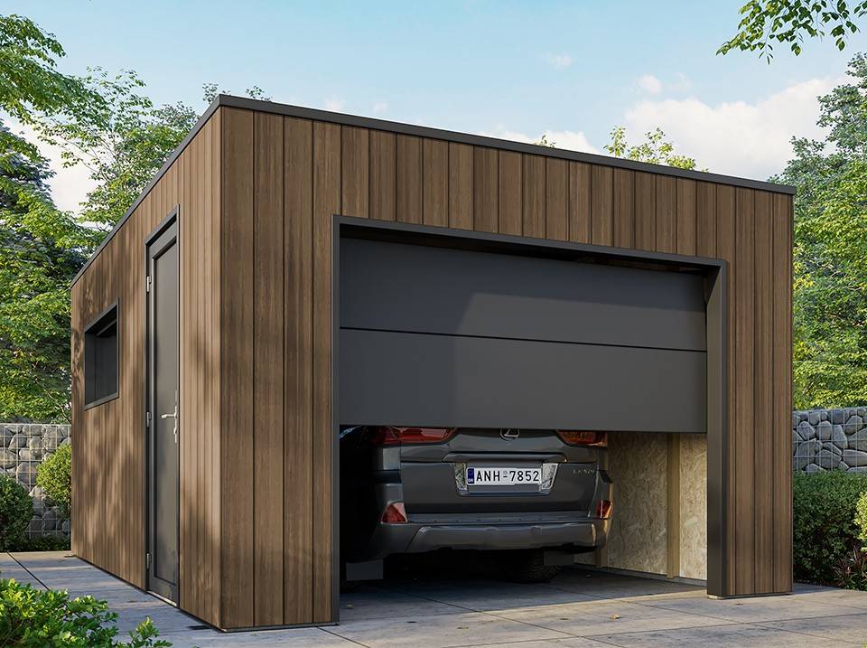 Garage Composite SILVERSTONE - Bardage Couleur Teck / Teak - Surface : 20m2 - Porte Sectionnelle Motorisée - 2 télécommandes - Image 2