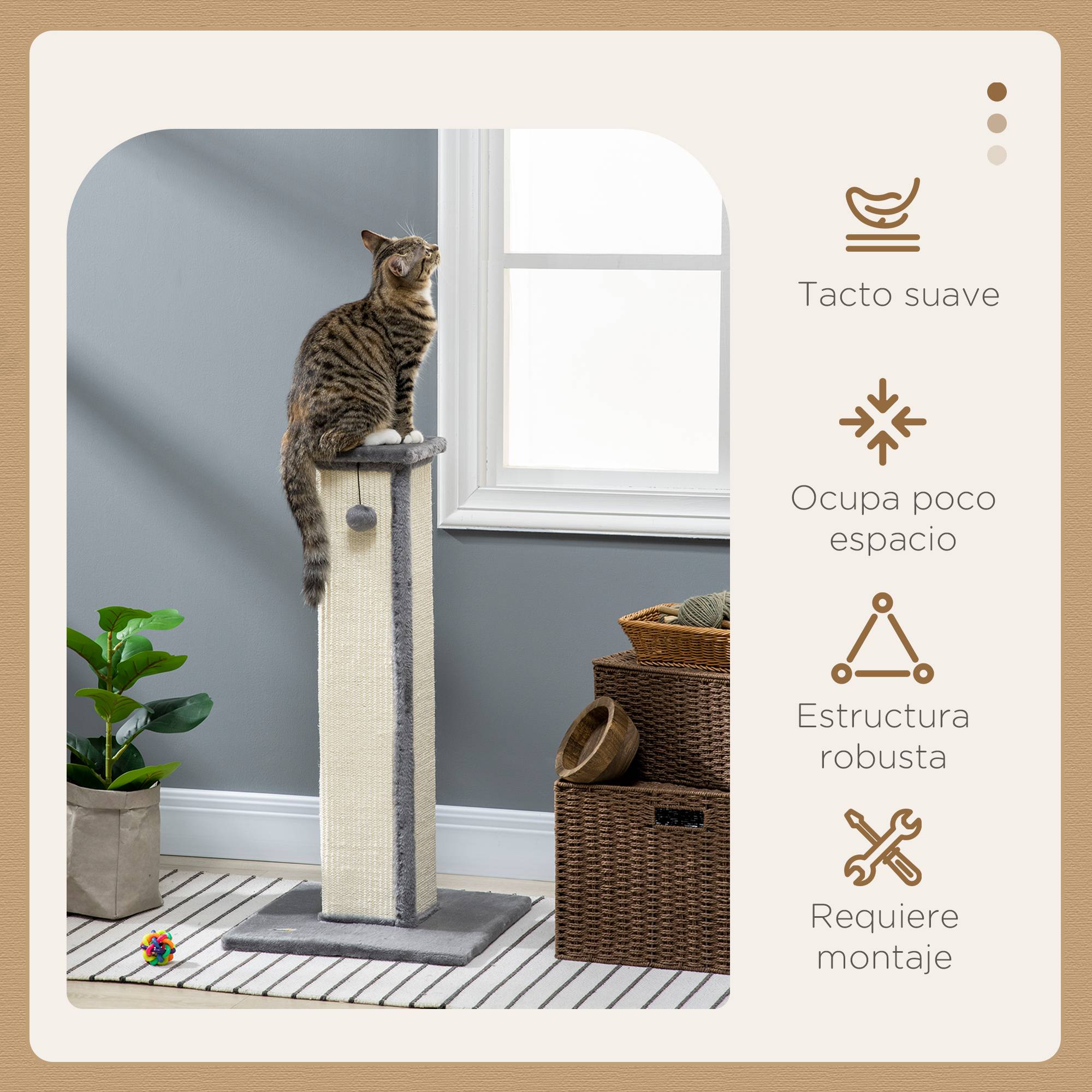 Poteau Griffoir pour Chat Haut 81 cm avec Poteau en Sisal et Balle Suspendue Gris - ComfortXL Outdoor Living - Image 6
