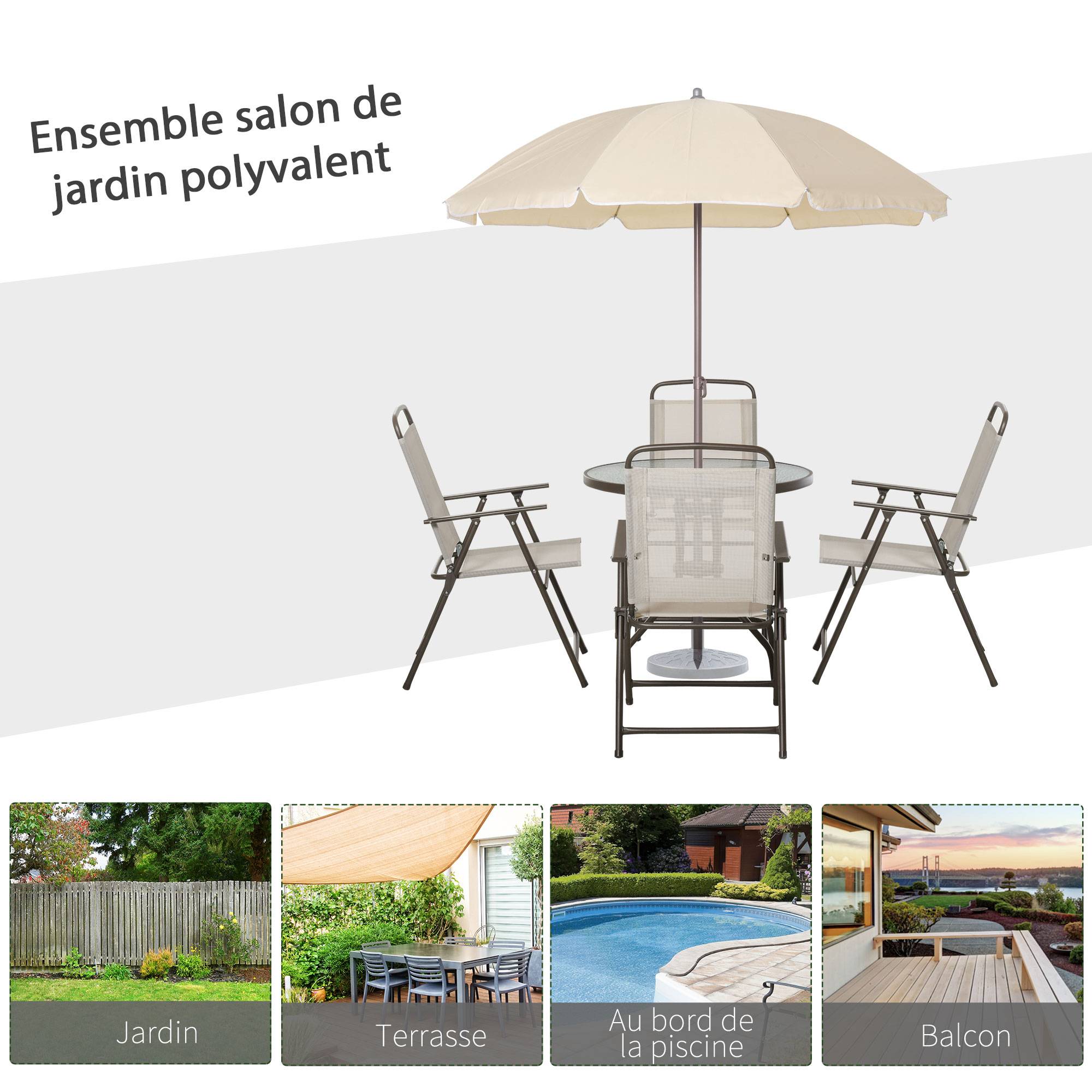 Outsunny - Ensemble salon de jardin 6 pcs - table ronde + 4 chaises pliables + parasol - acier époxy café textilène polyester beige - Outsunny - Image 7