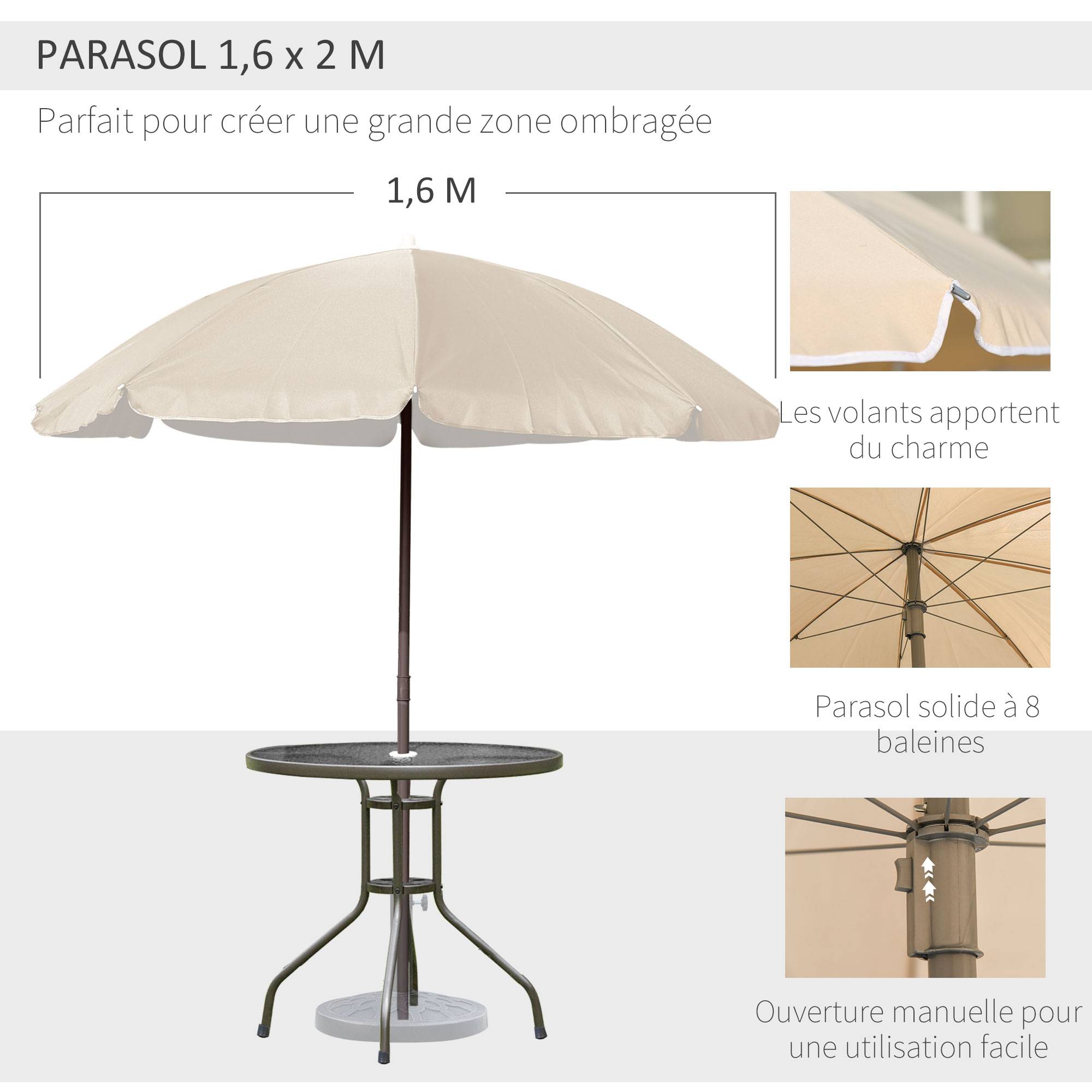 Outsunny - Ensemble salon de jardin 6 pcs - table ronde + 4 chaises pliables + parasol - acier époxy café textilène polyester beige - Outsunny - Image 5