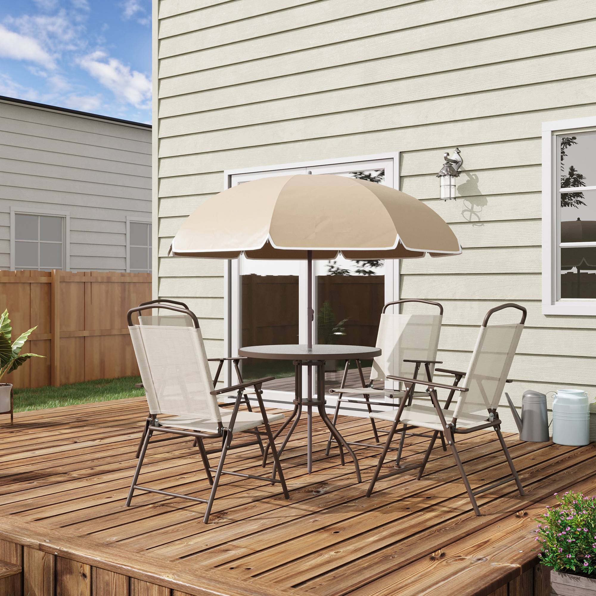 Outsunny - Ensemble salon de jardin 6 pcs - table ronde + 4 chaises pliables + parasol - acier époxy café textilène polyester beige - Outsunny - Image 2
