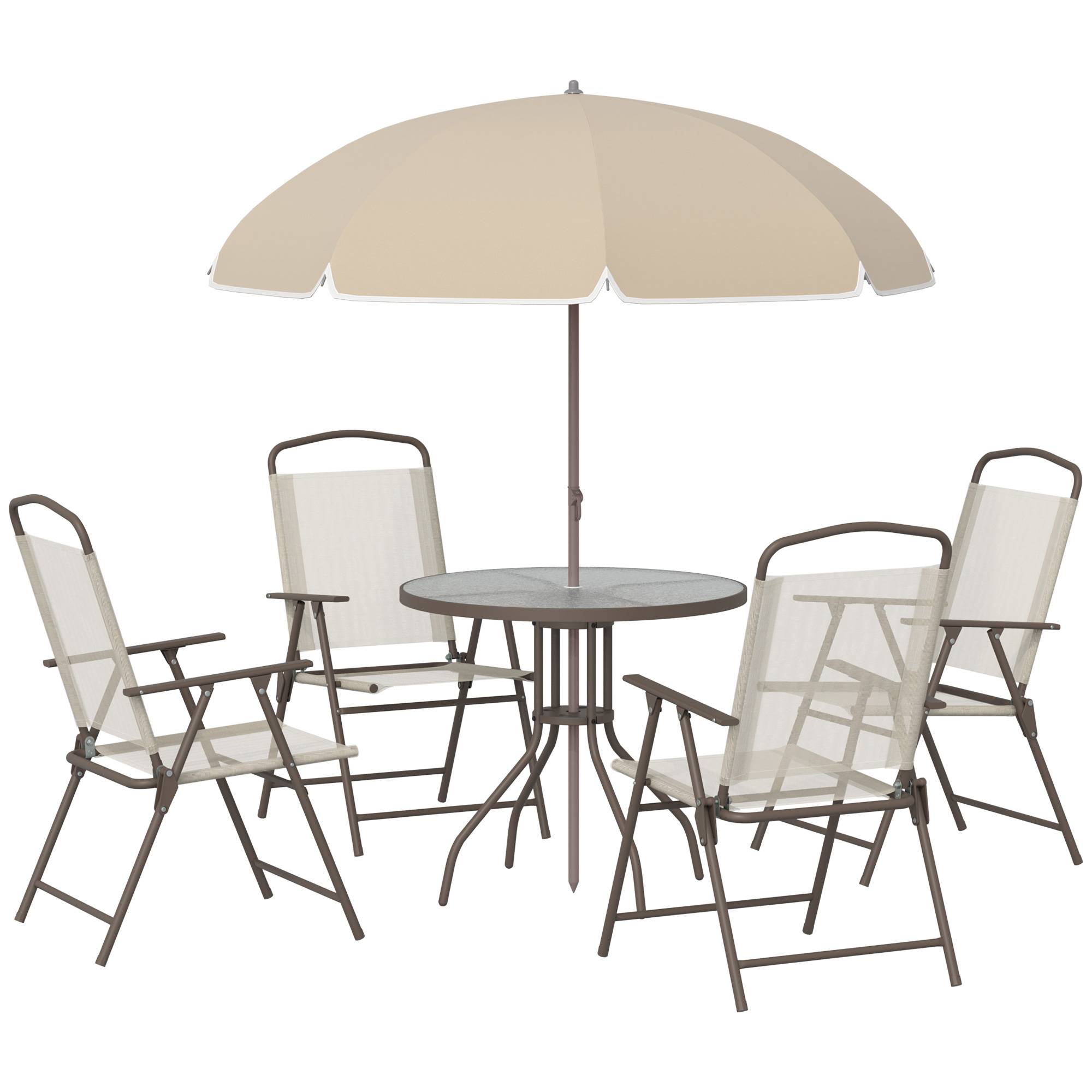 Outsunny - Ensemble salon de jardin 6 pcs - table ronde + 4 chaises pliables + parasol - acier époxy café textilène polyester beige - Outsunny - Image 1