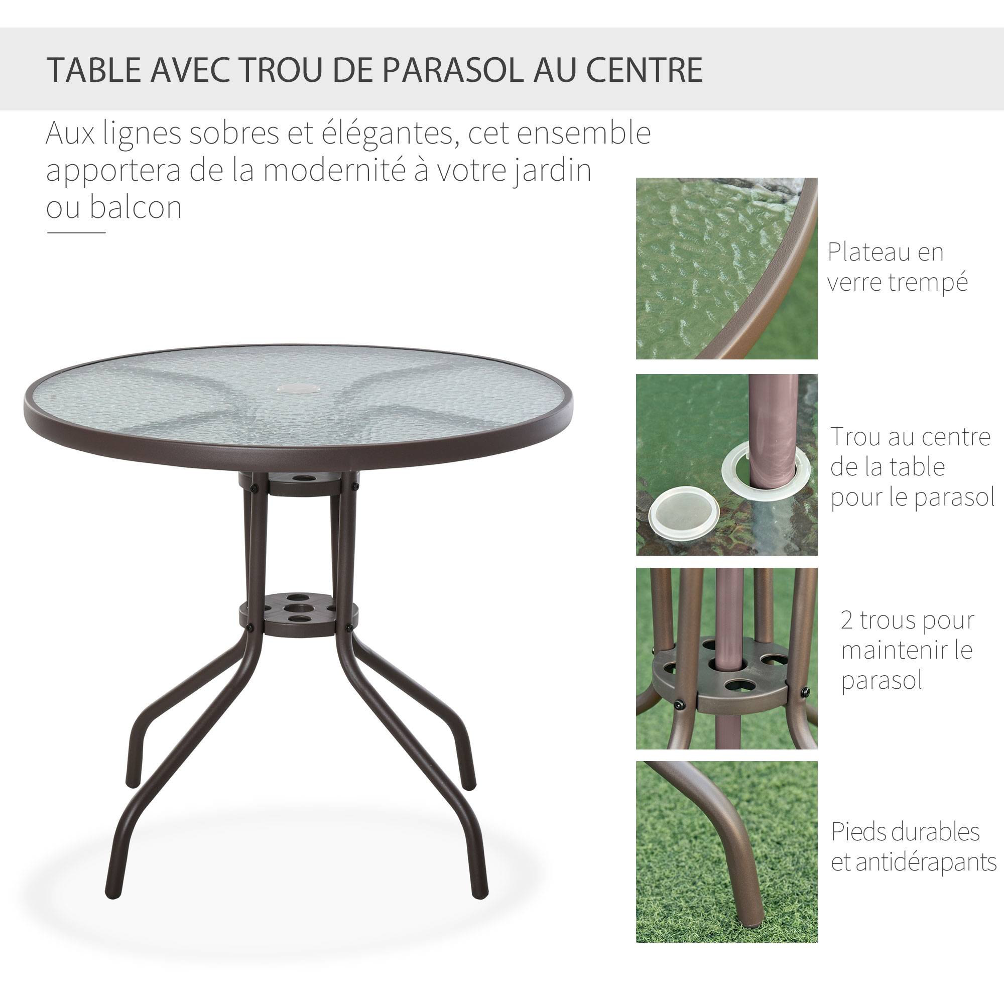 Outsunny - Ensemble salon de jardin 6 pcs - table ronde + 4 chaises pliables + parasol - acier époxy café textilène polyester beige - Outsunny - Image 6