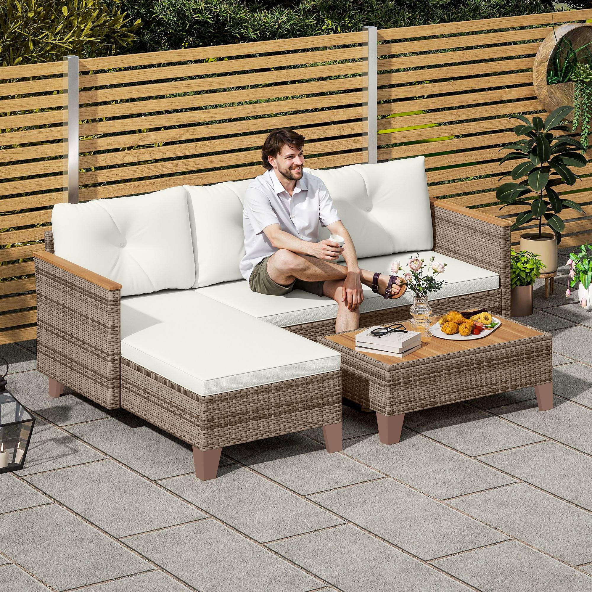 ComfortXL - Salon de jardin d'angle méridienne résine tressée patio détente crème - ComfortXL Outdoor Living - Image 3